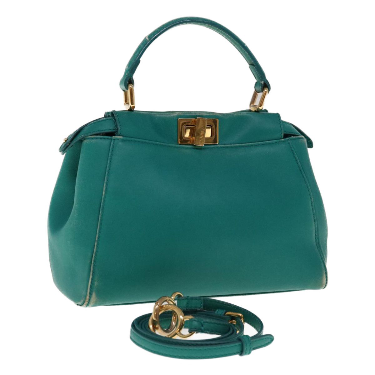 image of Fendi Micro Peek A Boo Hand Bag Leather Turquoise Blue Auth 64807, Women's