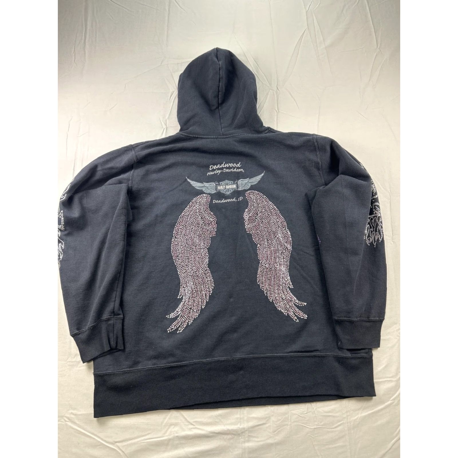 Harley Davidson VINTAGE Harley-Davidson Hoodie 1X Womens Y2K Black Rhinestone Wings Sleeve Flame Size XL / US 12-14 / IT 48-50 - 2 Thumbnail