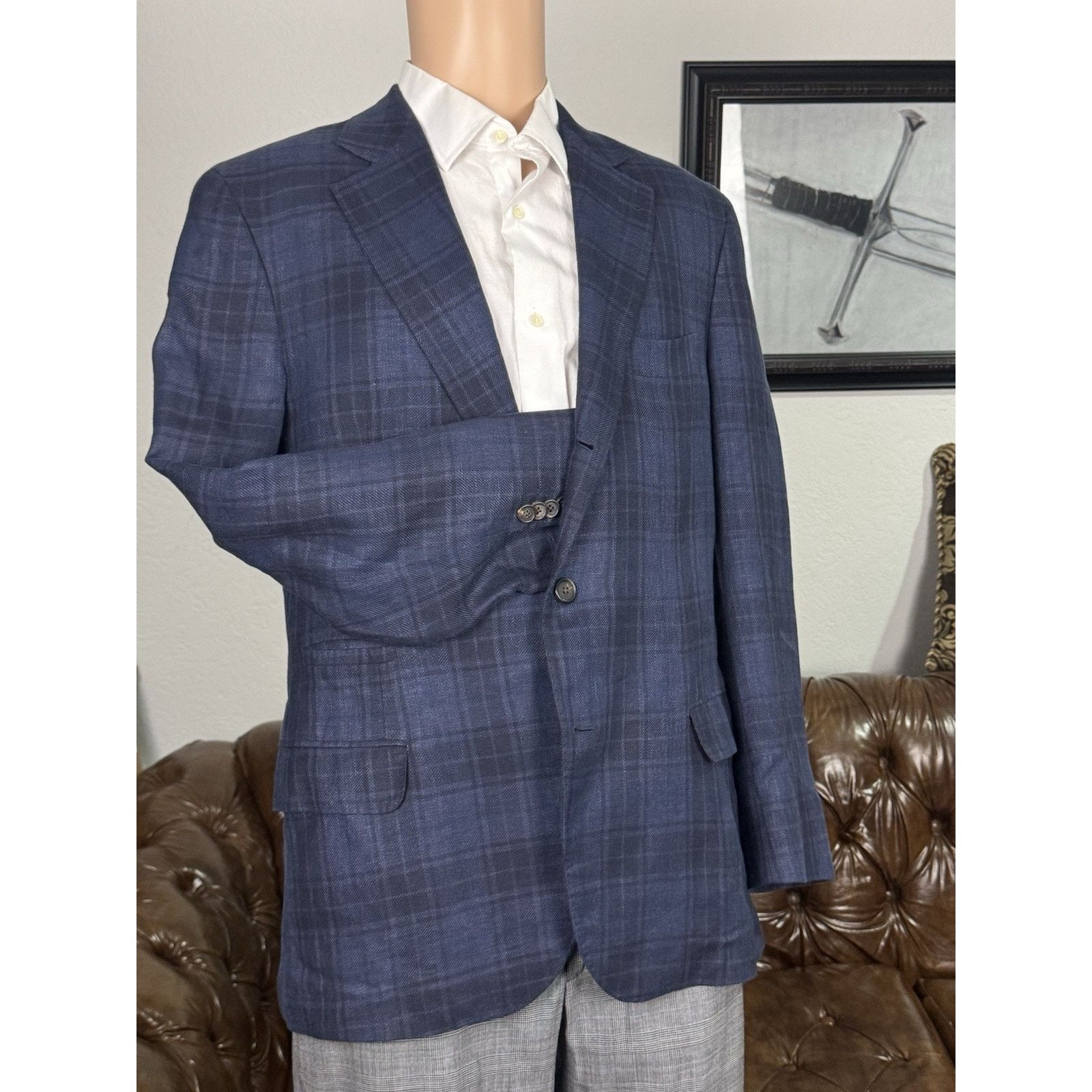 Brunello Cucinelli Brunello Cucinelli Navy Blue Plaid Sportcoat Wool 54IT/ 42 Size 42R - 1 Thumbnail