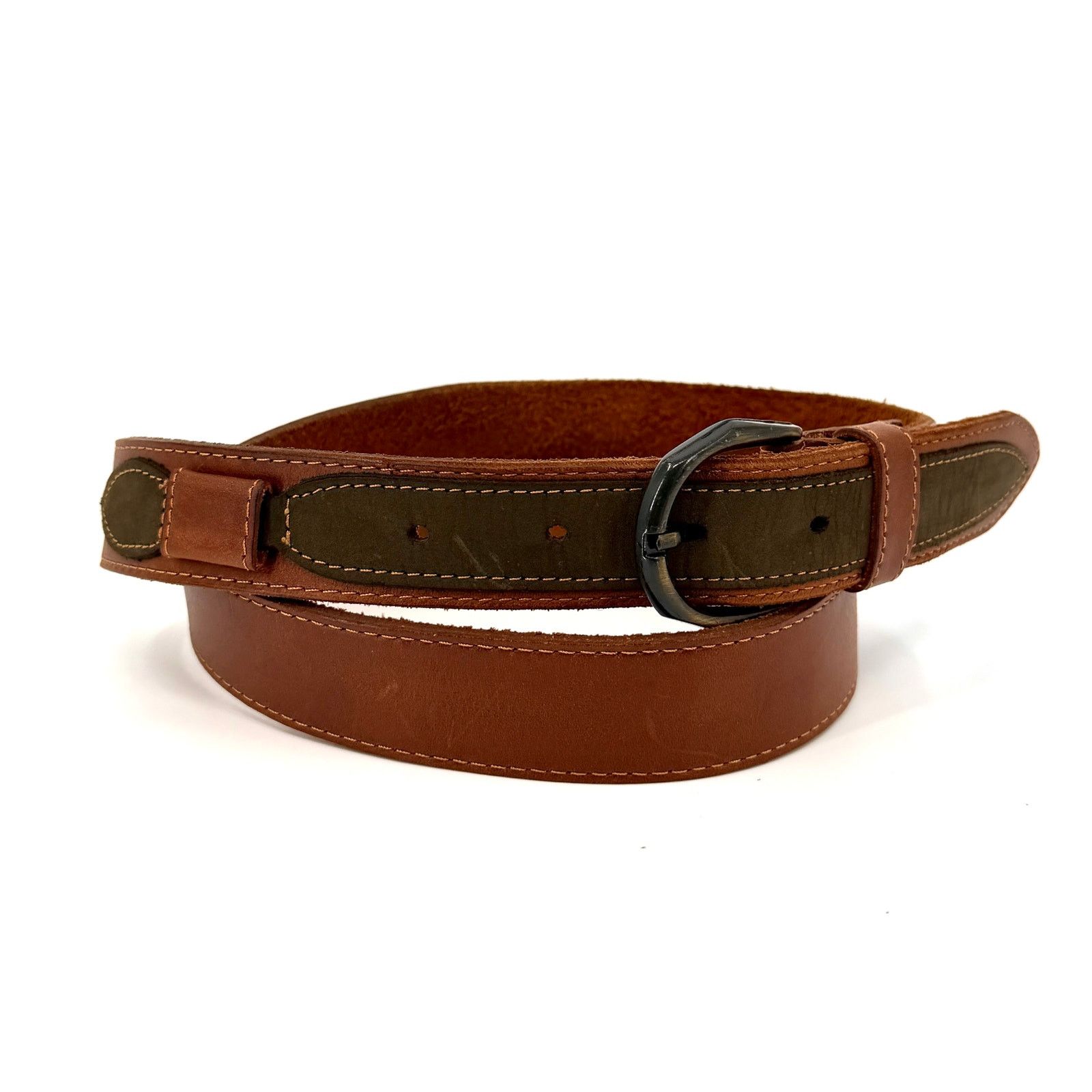 Vintage Vintage 90s Brown Leather Contrast Forest Green Trim Belt Size ONE SIZE - 1 Thumbnail