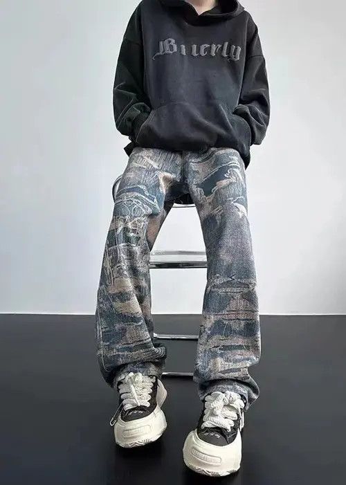 Designer × Japanese Brand Retro High Street Trendy Loose Wide Leg Printed Jeans Size US 32 / EU 48 - 2 Thumbnail