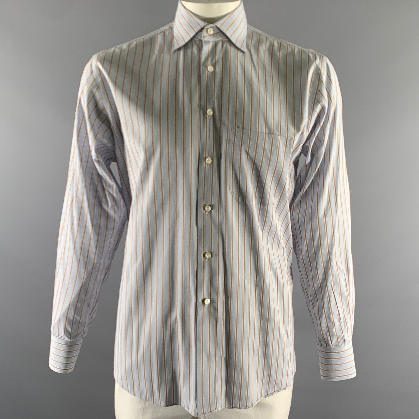 Finamore FINAMORE XL Blue White Brown Stripe Cotton Long Sleeve Shirt Size US XL / EU 56 / 4 - 1 Thumbnail