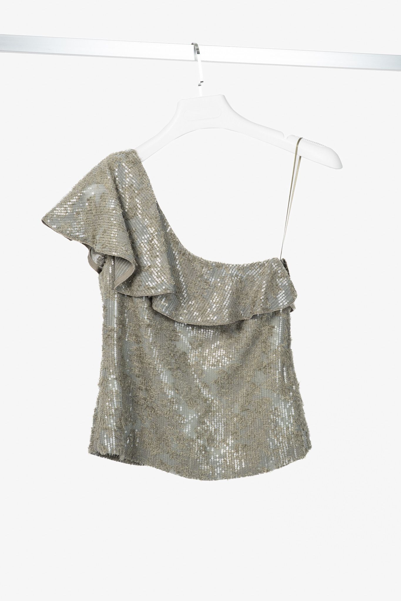 DOROTHEE SCHUMACHER Dorothee Schumacher Sequin Statement Khaki One-Shoulder Top Size XS / US 0-2 / IT 36-38 - 1 Thumbnail