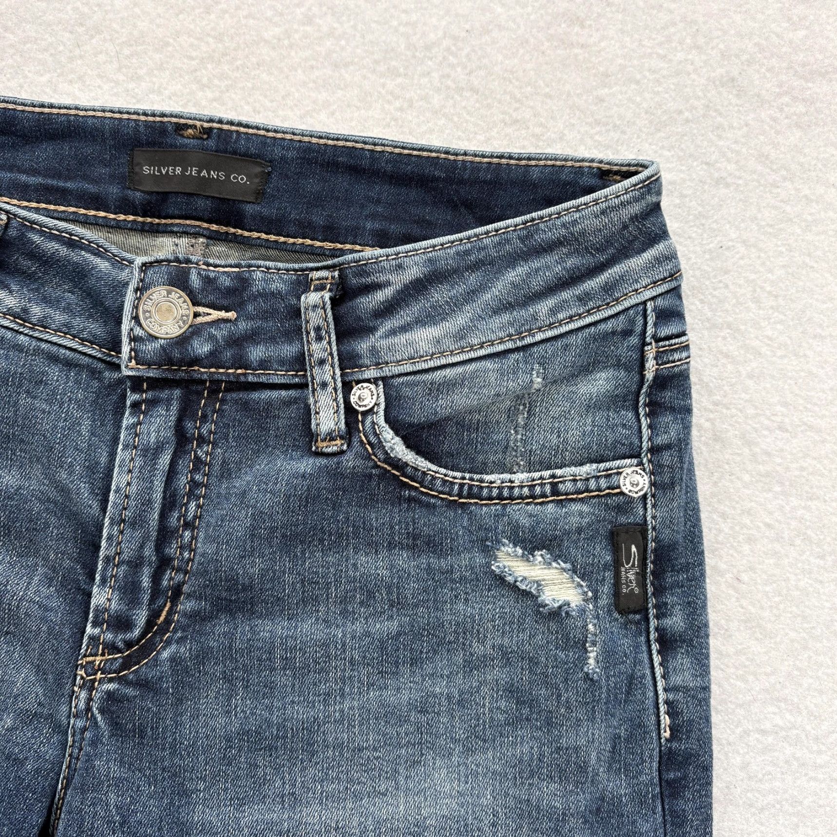 Silver Jeans Co. VINTAGE Silver Jeans Elyse Slim Boot Womens 27x29 Blue Mid Rise Distressed Denim Grunge Size 27" / US 4 / IT 40 - 4 Thumbnail