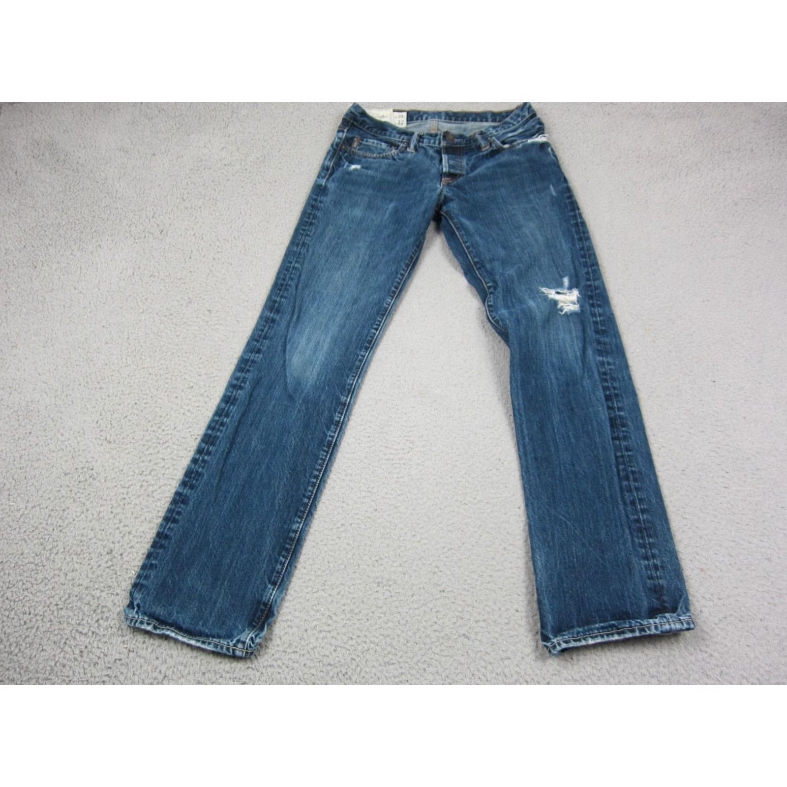 Abercrombie & Fitch Abercrombie Jeans Mens Slim Straight Blue Denim Button Fly 30x32 5-Pocket Distress Vintage No Size US 30 / EU 46 - 3 Thumbnail