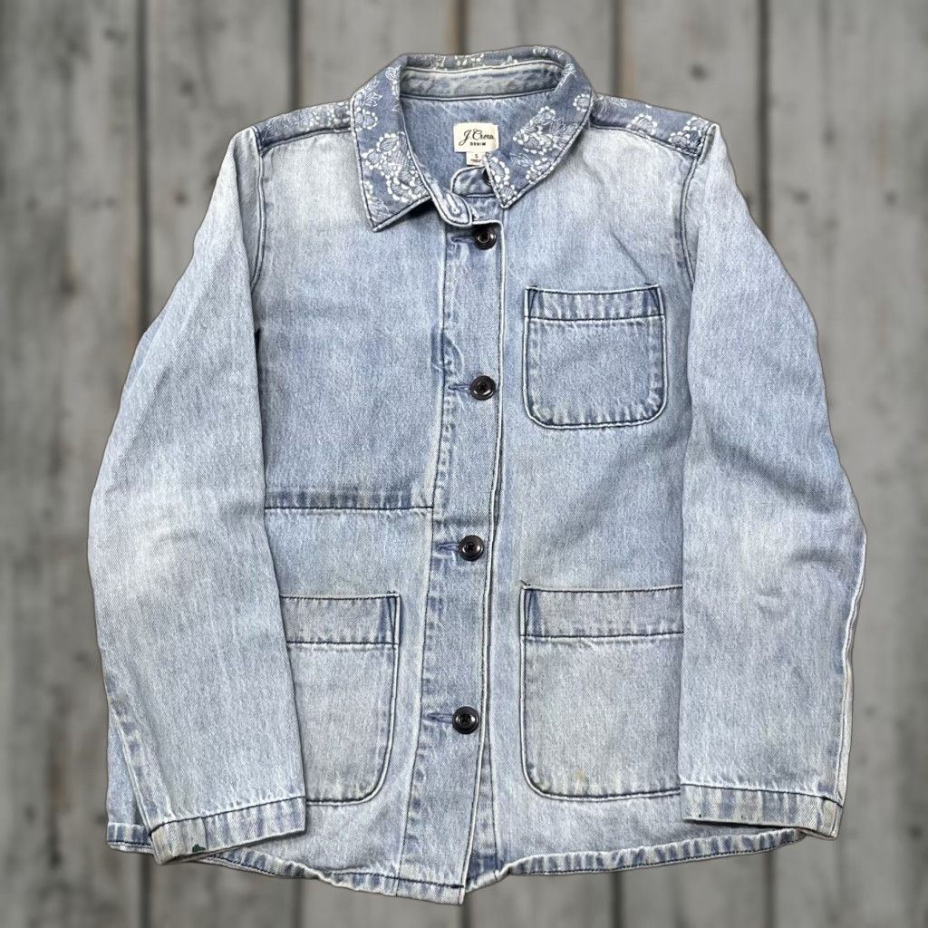 J.CREW Denim Jacket Women Small Blue Hemp Blend Paisley Collar Mid-Length)