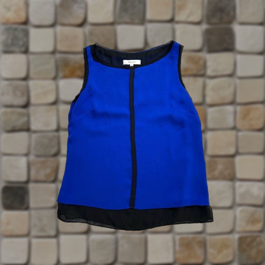 MILLY MILLY Tank Shirt Womens 0 Blue Silk Stretch Lined Round Neck Contrast Trim Casual Size XS / US 0-2 / IT 36-38 - 1 Thumbnail