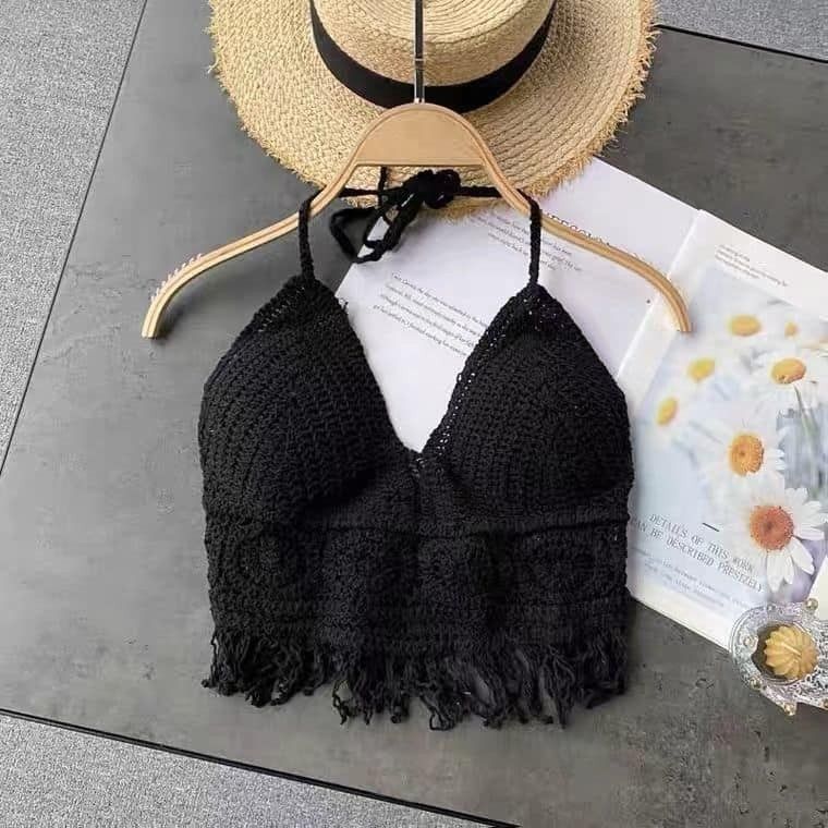 Other Black Handmade Crochet Lace Halter Bralette Top, Crop Top Size ONE SIZE - 2 Thumbnail
