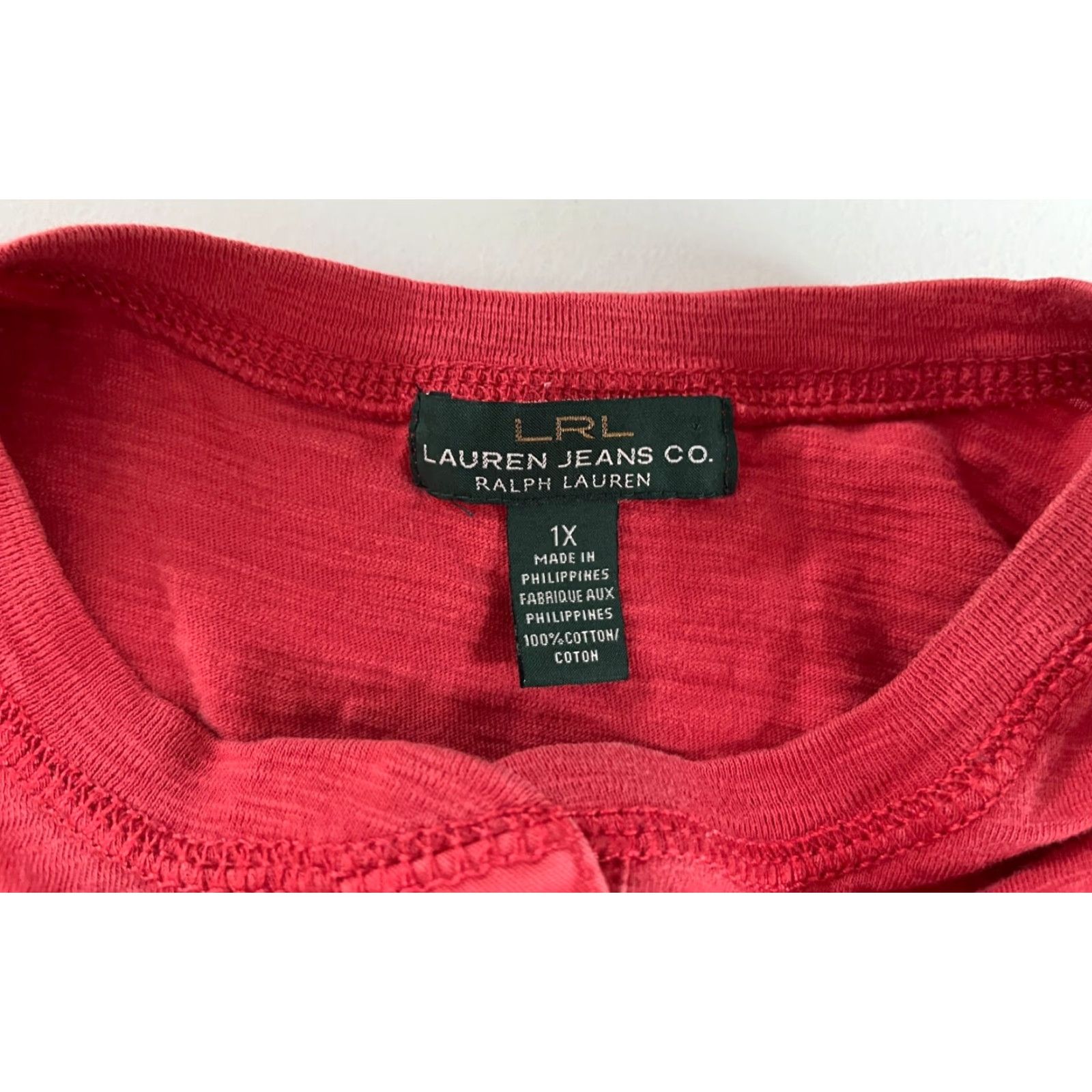 Vintage Lauren Jeans Co. Ralph Lauren Women's Long Sleeve Henley Shirt 1X Brick Red Cotton T-Shirt Casual Women Gly Gender: Womens Size XL / US 12-14 / IT 48-50 - 6 Thumbnail