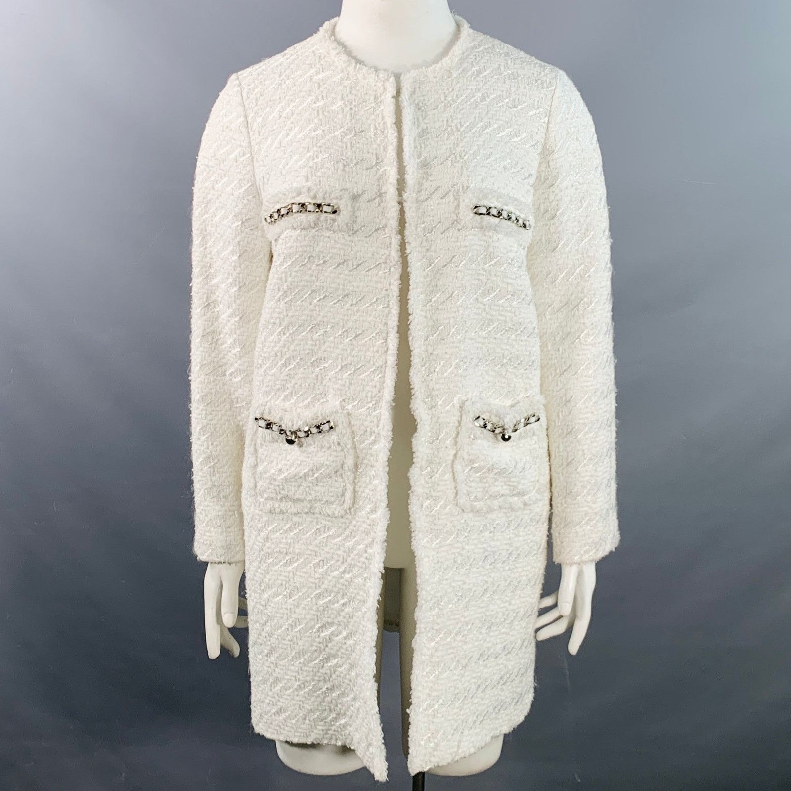 Other White Cotton Blend Tweed Collarless Hook Eye Coat Size XL / US 12-14 / IT 48-50 - 1 Thumbnail