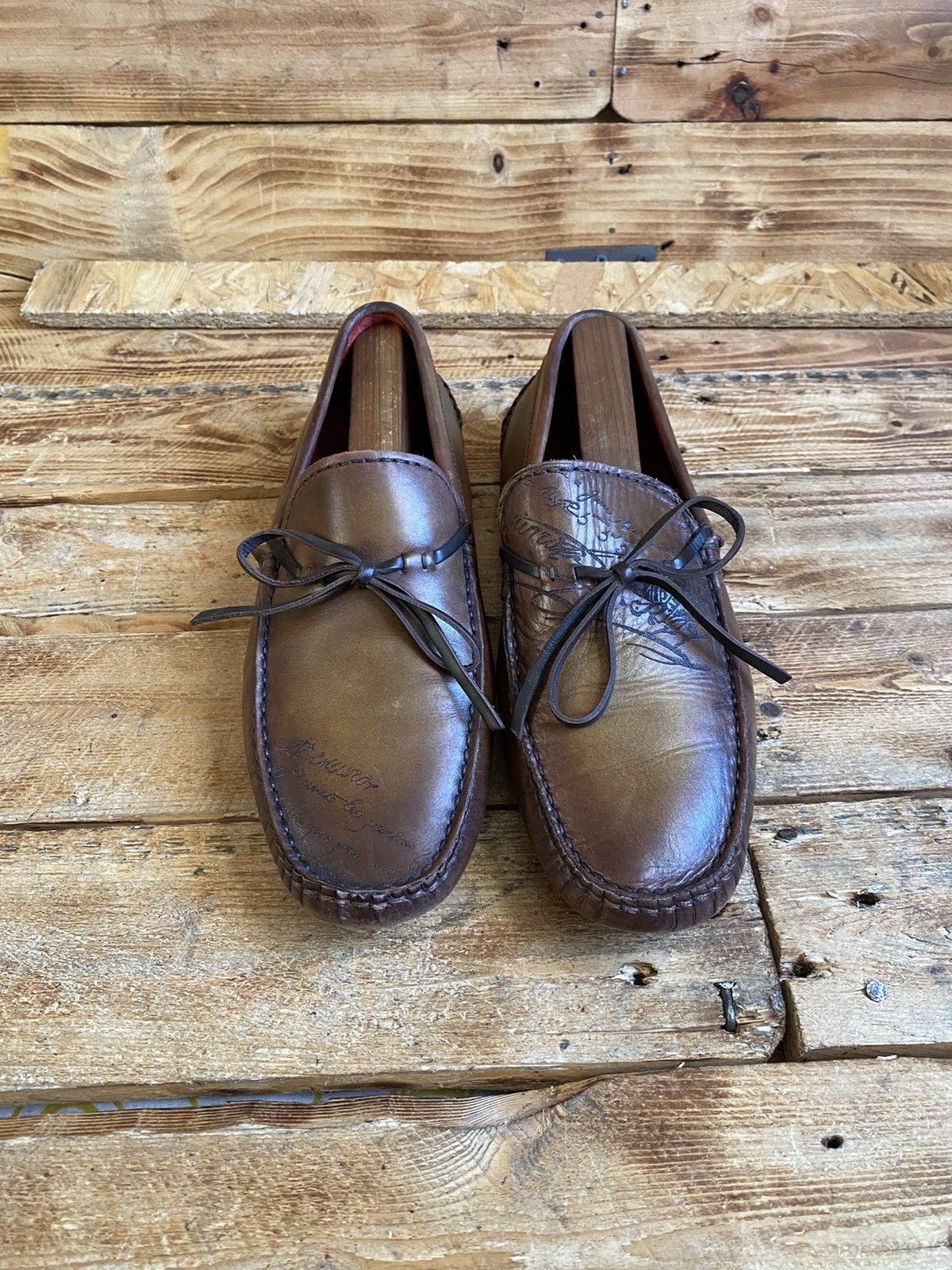 image of Berluti Scritto Driving Loafers ,slip Ons Size 44 Us11 in Green, Men's