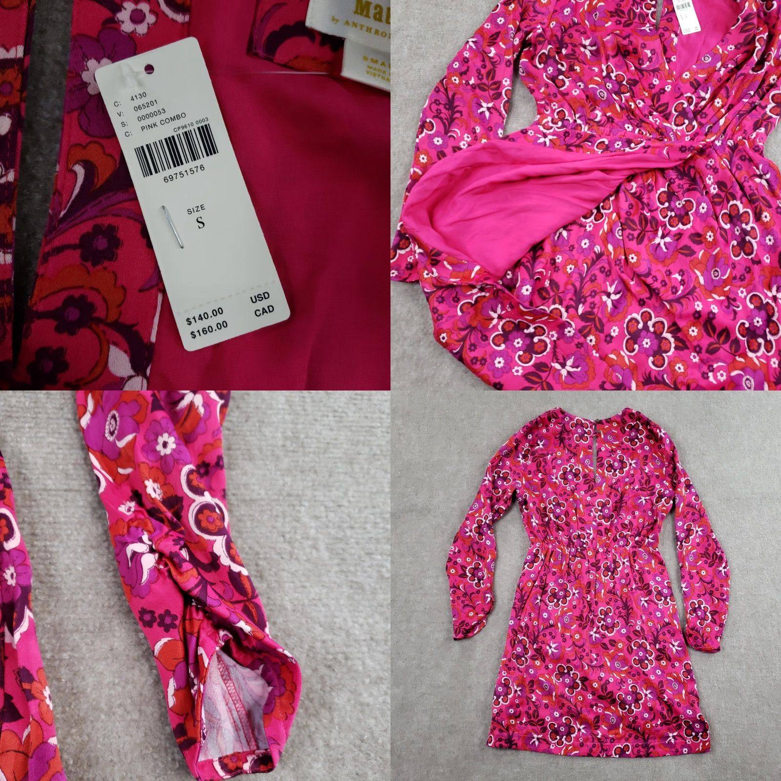 Vintage Maeve Dress Women Small Pink Floral Long Sleeve Mini Wrap Size S / US 4 / IT 40 - 8 Thumbnail