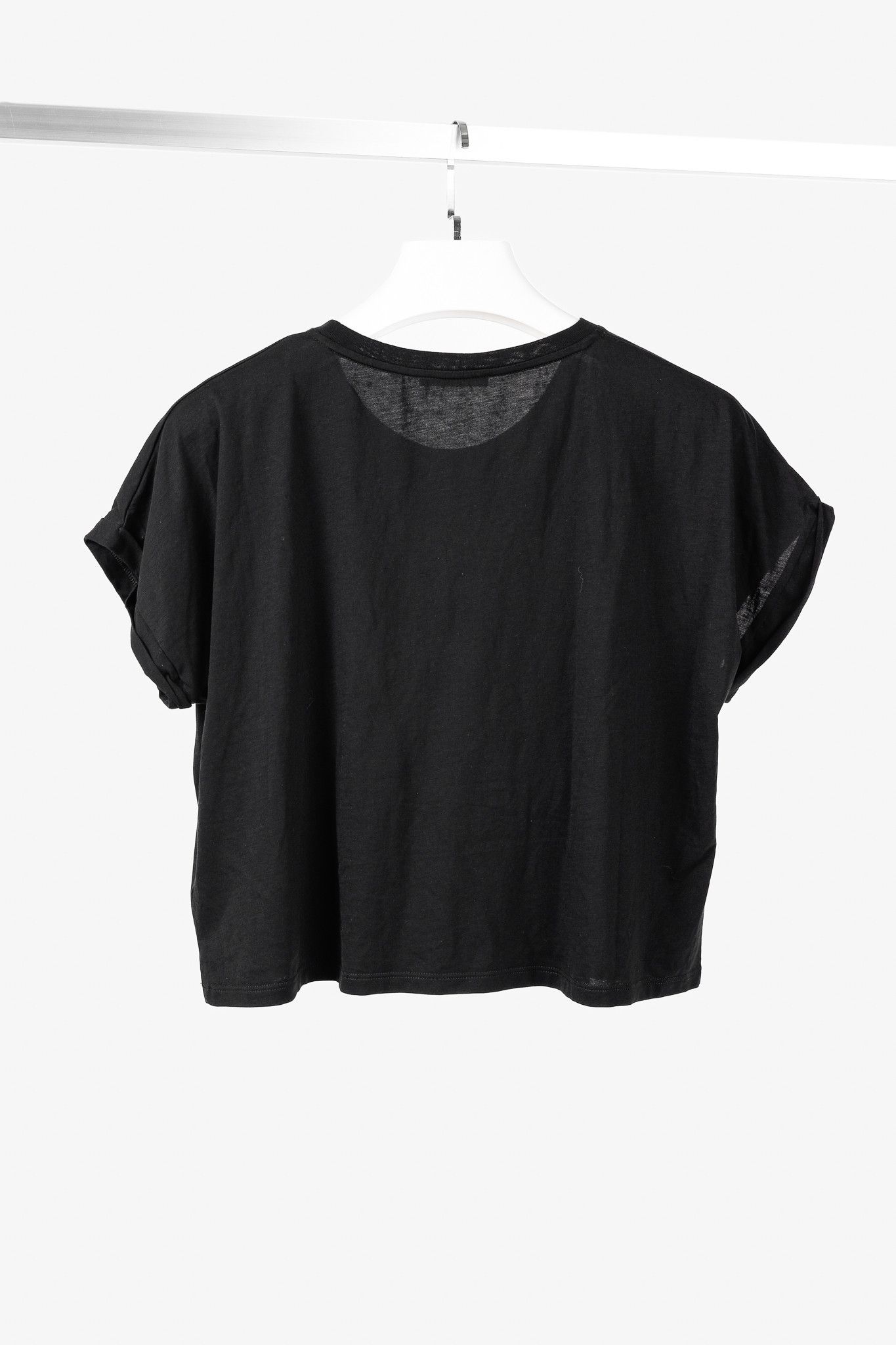Balmain Balmain Black Cotton Cropped Velvet-Logo-Print T-Shirt Size L / US 10 / IT 46 - 2 Thumbnail