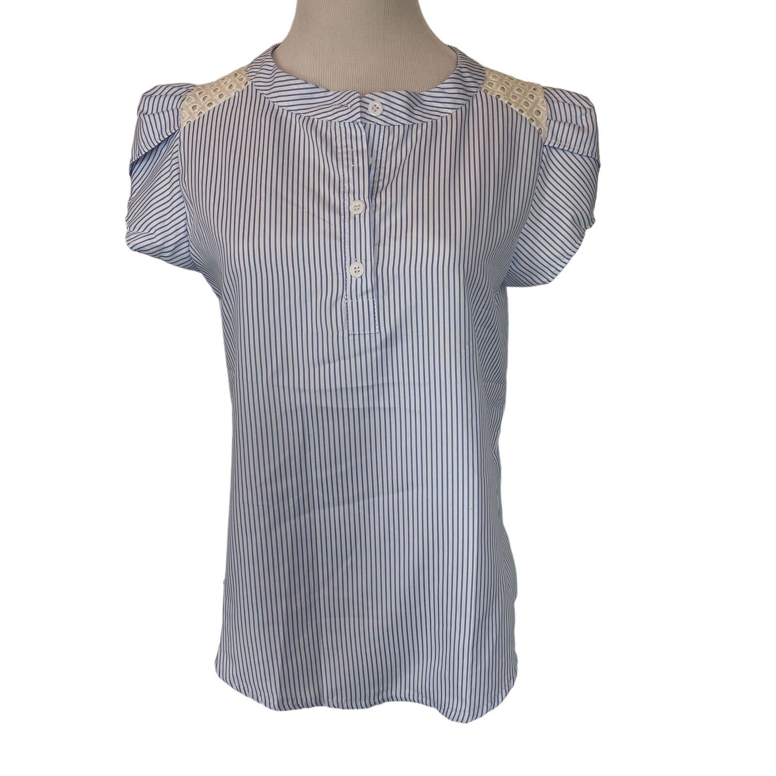 Other Blue & White Stripe Button Down Blouse Lace Short Sleeve Top Size M / US 6-8 / IT 42-44 - 2 Thumbnail