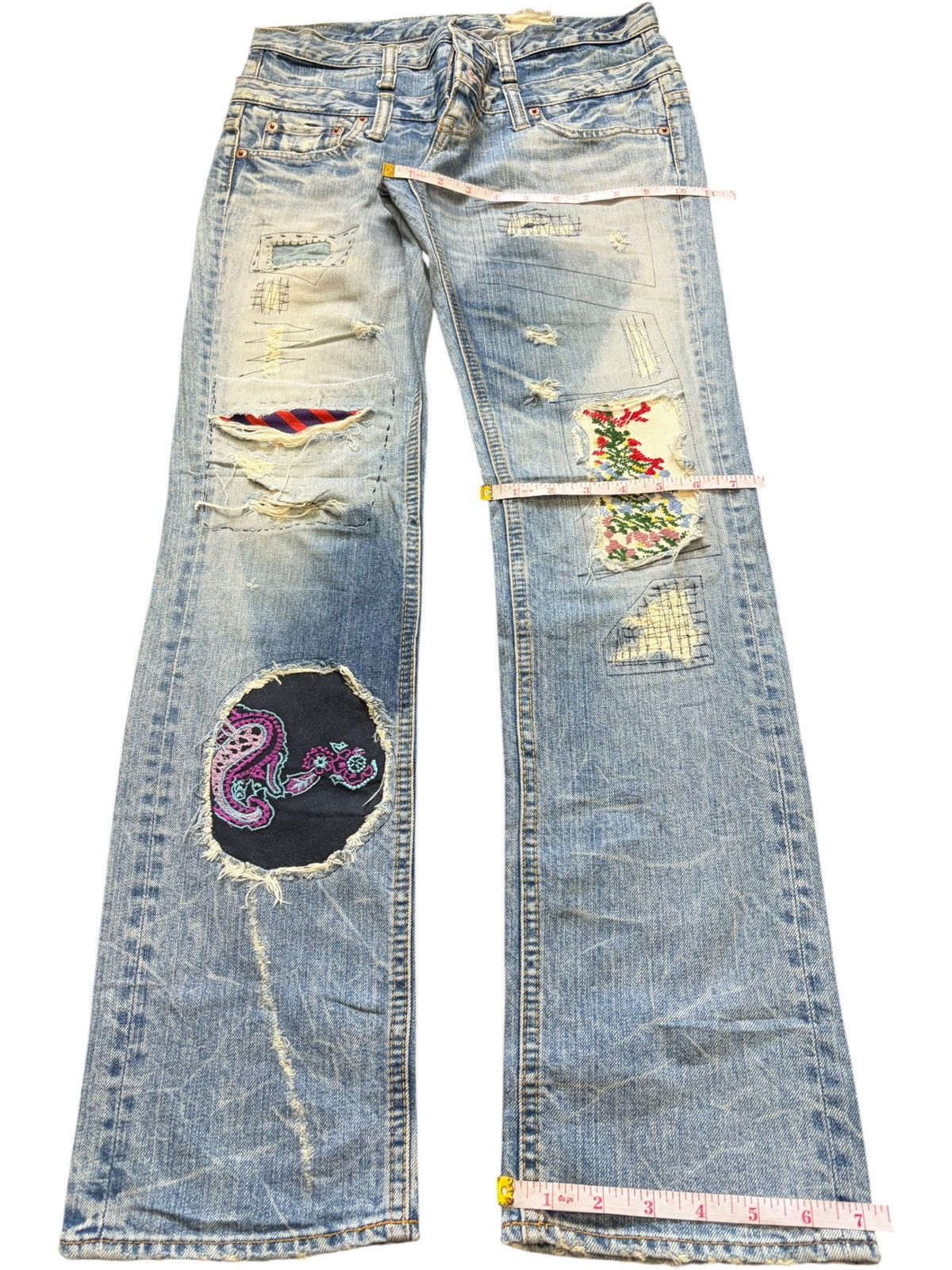 Kapital Vintage Antgauge Double Waist Patch Sashiko Distress Jeans Size 30" / US 8 / IT 44 - 8 Thumbnail