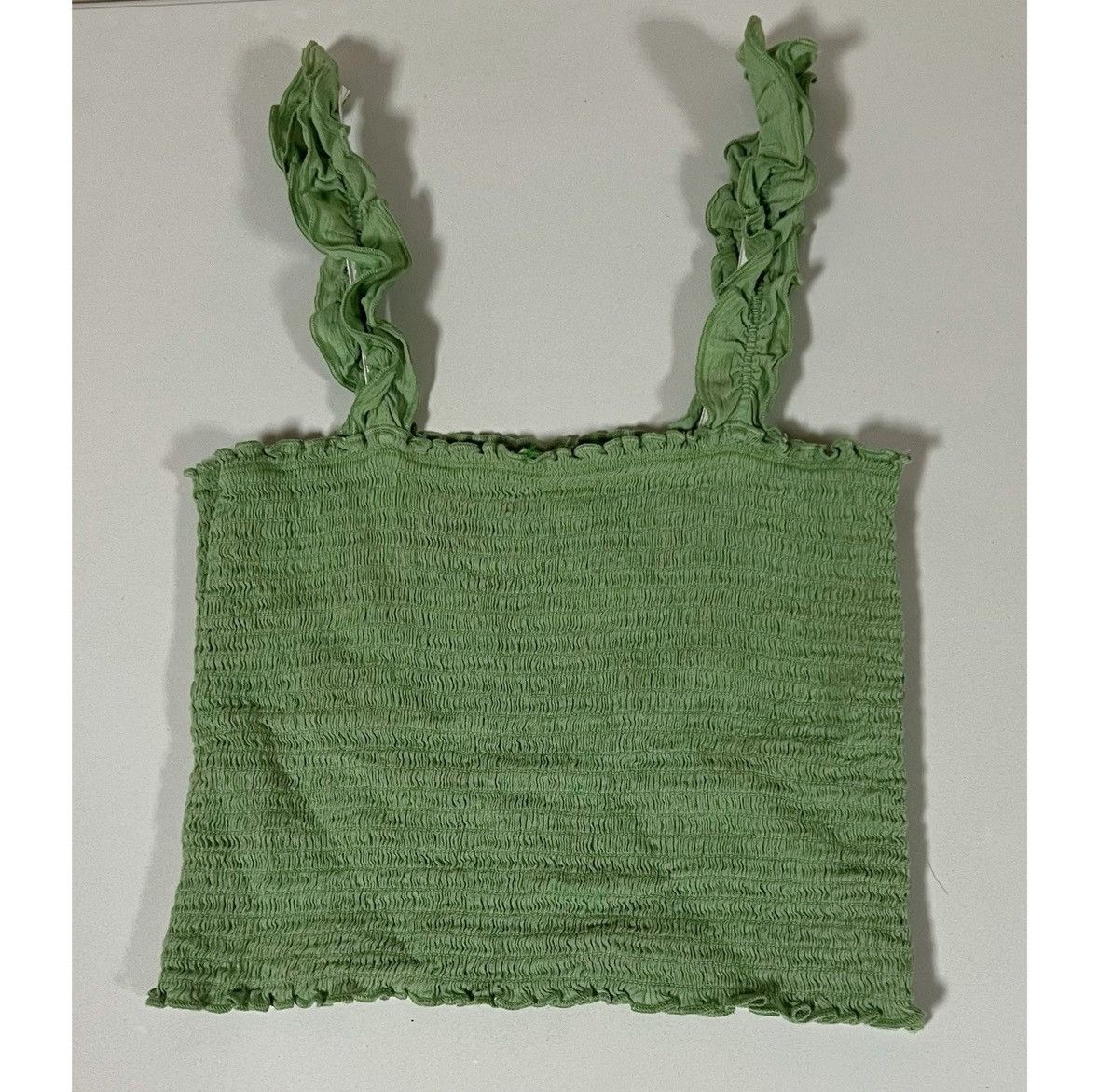 American Eagle Outfitters Aerie Olive Green Solid Shirred Ruffle Crop Top Shirt XS ✨ Size XS / US 0-2 / IT 36-38 - 1 Thumbnail
