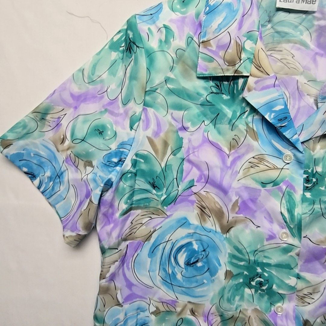 Vintage Vintage Laura Mae Floral Blue Short Sleeve Womens XL Shirt Size XL / US 12-14 / IT 48-50 - 3 Thumbnail