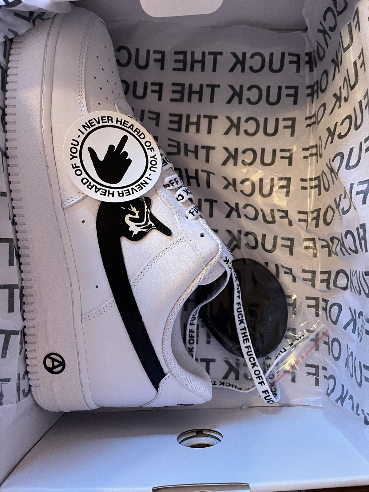 image of Ineverheardofyou Fuck Off Af1 Shoes in White, Men's (Size 11)