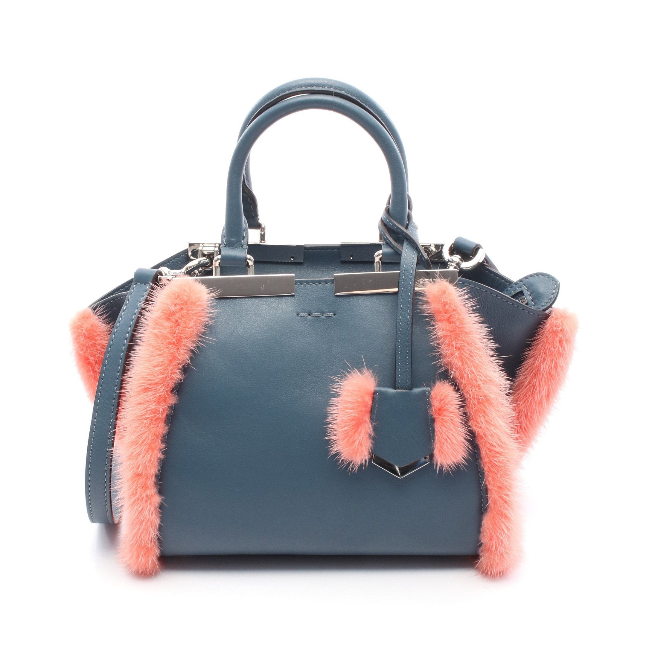 Fendi Fendi Mini Troisours Handbag Leather Fur Blue Coral Pink Size ONE SIZE - 1 Thumbnail