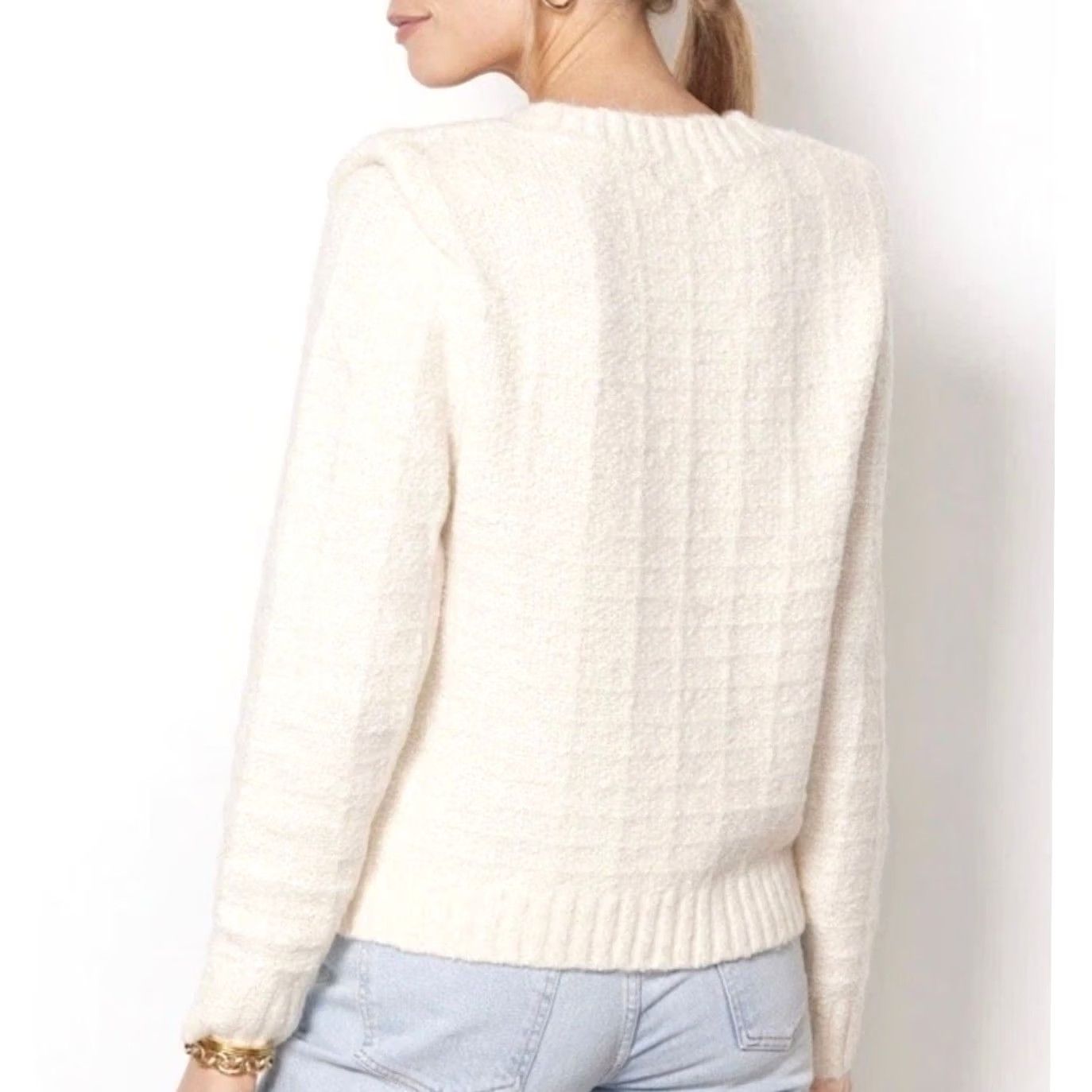 Vintage EVEREVE Sweater Ashlynn Strong Shoulder Winter White Ivory Metallic Shimmer Sz M Shirt Womens Crew? Size M / US 6-8 / IT 42-44 - 7 Thumbnail
