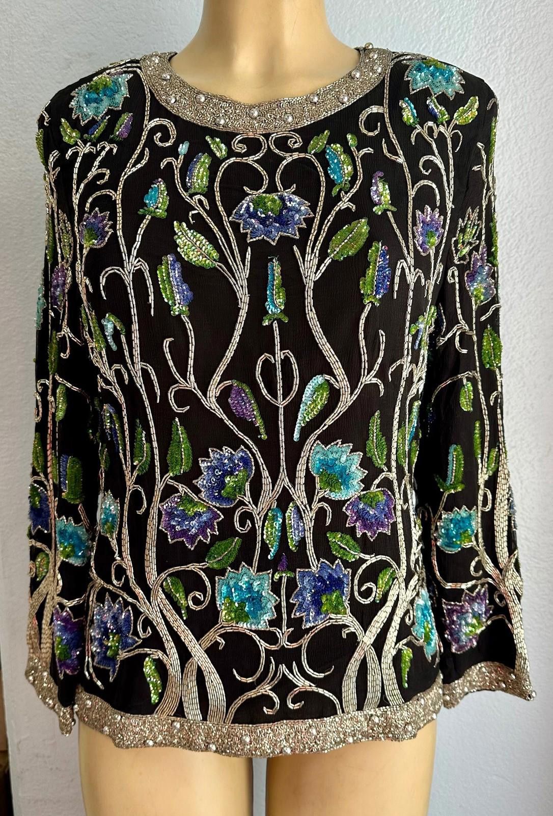 Designer Sequin Evening Fashion Top Black Flowered size 10 only Size L / US 10 / IT 46 - 2 Thumbnail