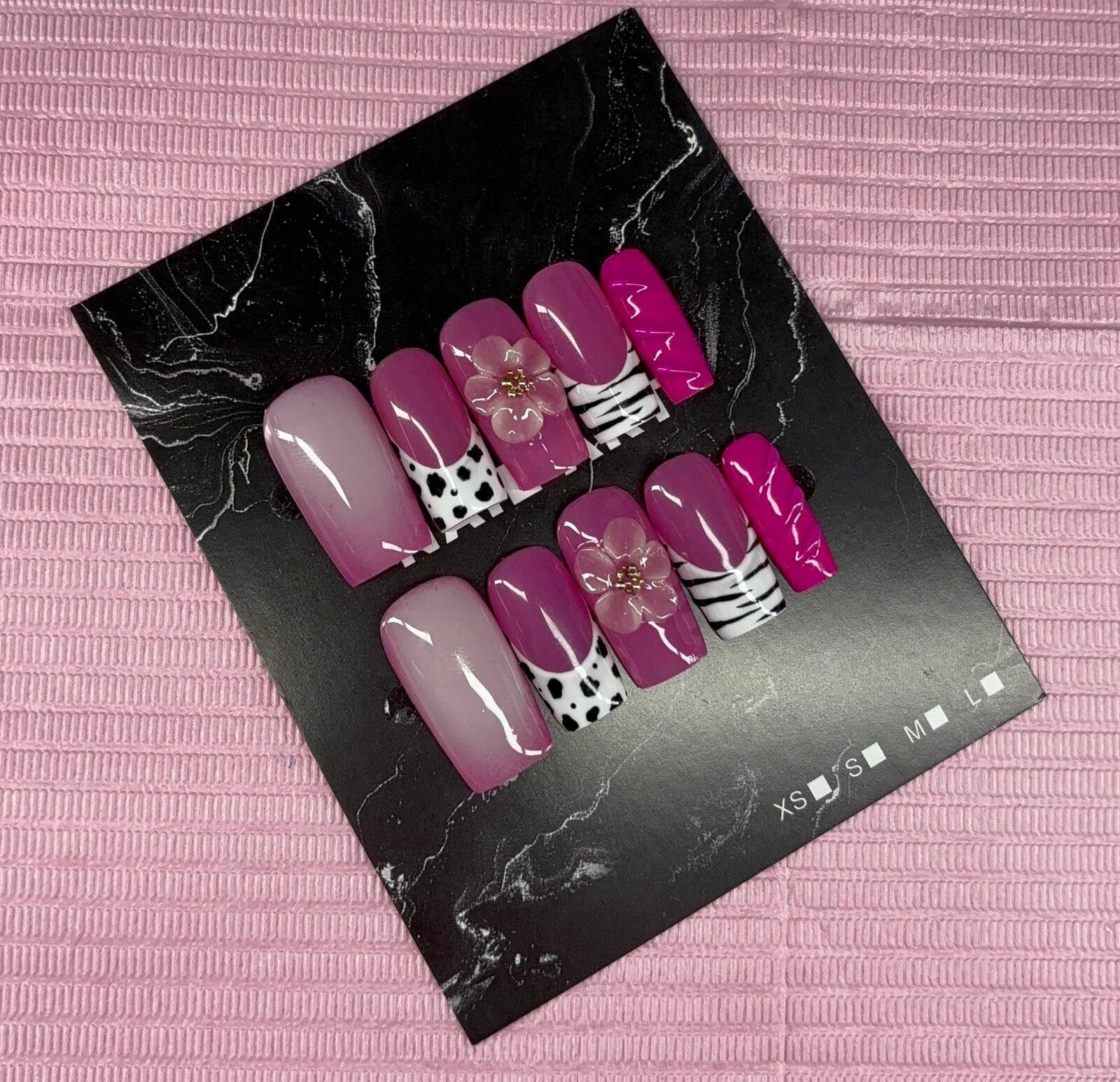 Handmade Medium square press on nails animal print 3d gel flower aura Size ONE SIZE - 8 Thumbnail