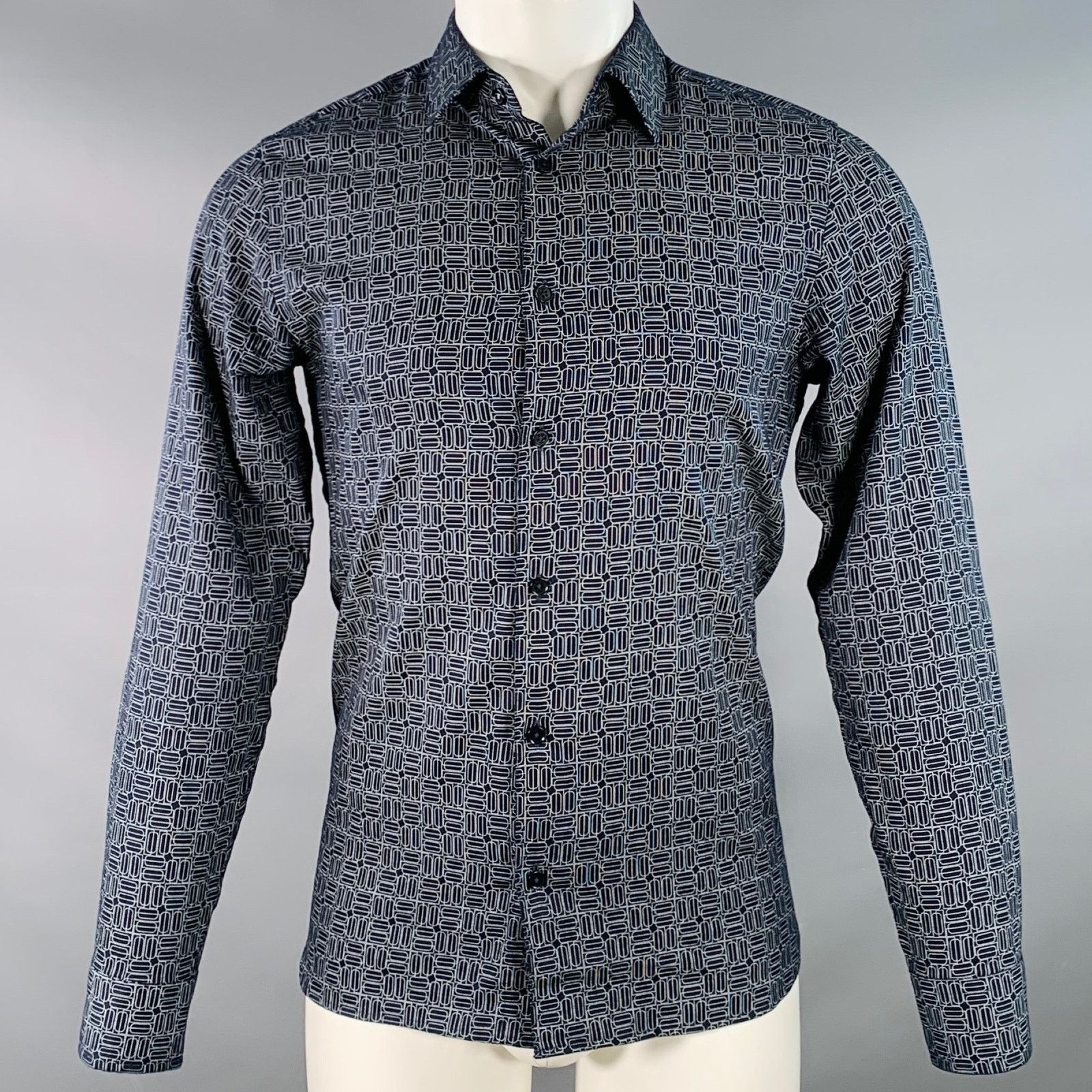 Ted Baker Andover Navy White Geometric Cotton Slim Fit Long Sleeve Size US S / EU 44-46 / 1 - 1 Thumbnail