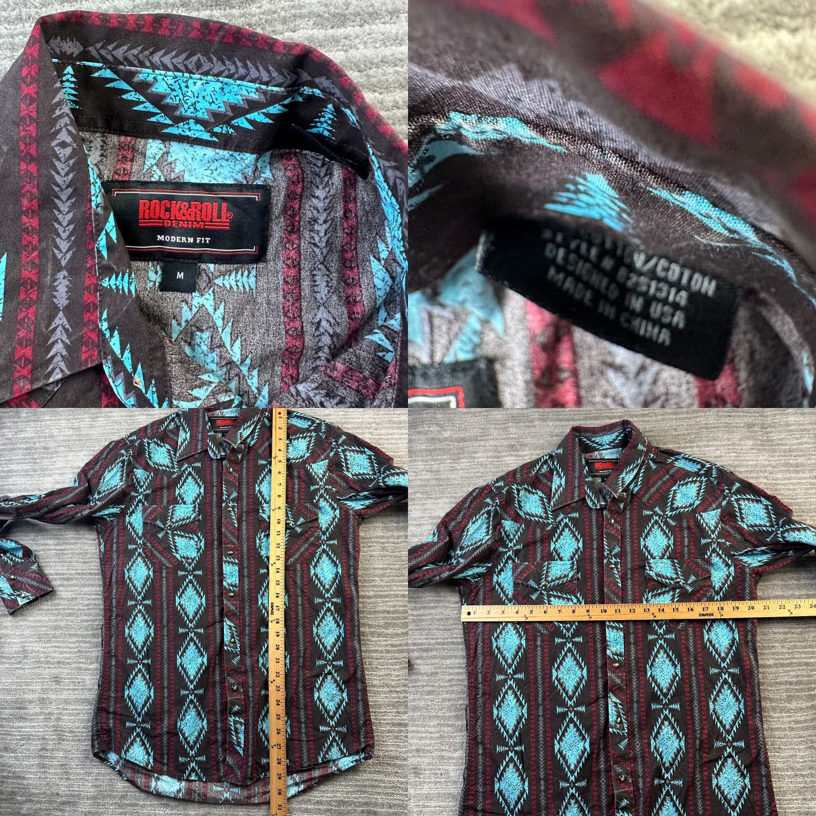 Denime Rock & Roll Denim Shirt Mens M Blue Cotton Button-Up Western Geometric Pattern Snap Collar Long Sleeve Casual Southwestern Cowboy Vintage No Size US M / EU 48-50 / 2 - 8 Thumbnail