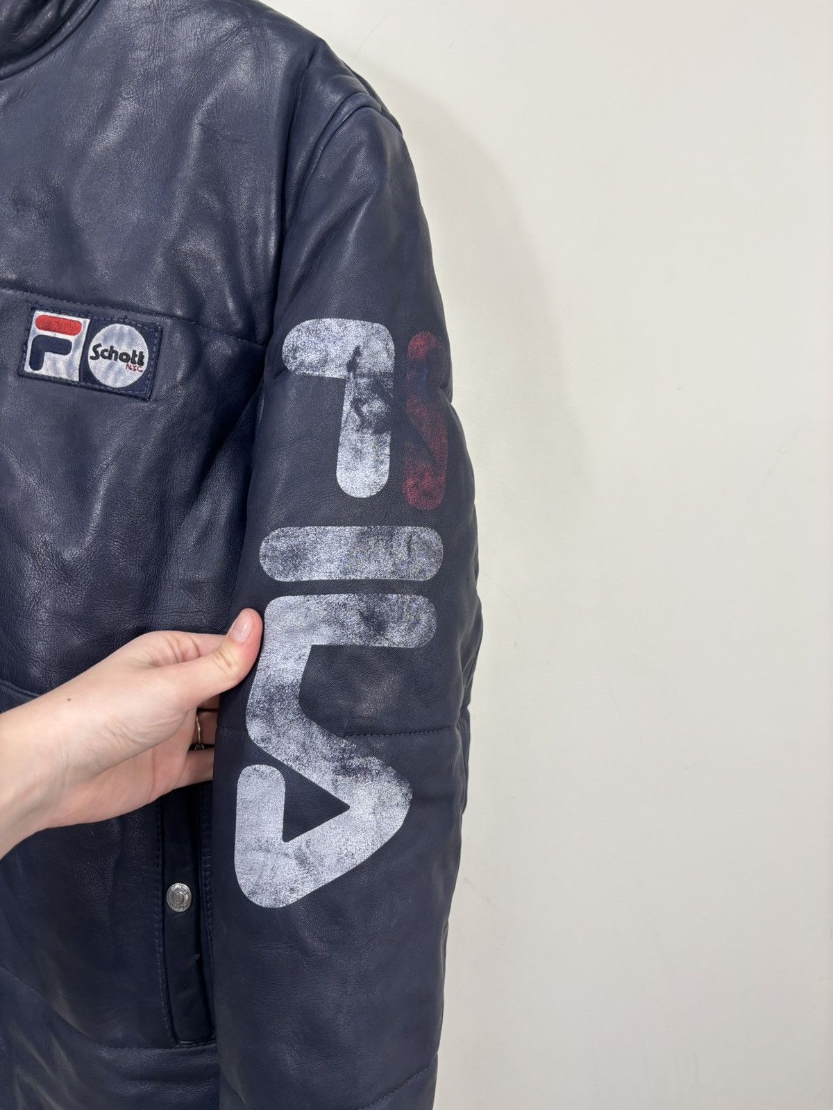 Schott Schott NYC x Fila Men’s Navy Blue Leather Jacket Size US M / EU 48-50 / 2 - 10 Thumbnail