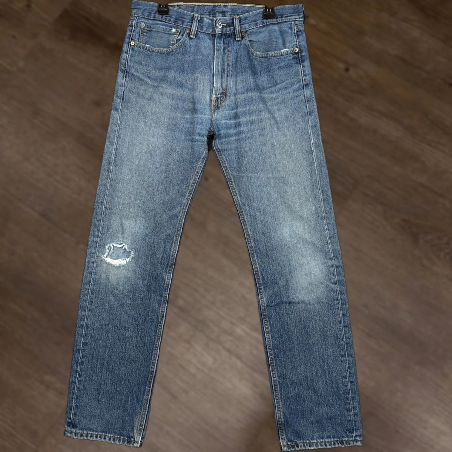 Levi's Levis 505 Jeans Men 34X34 Blue Regular Fit Straight Leg Distressed Denim 5-Pocket Zip Button Size US 34 / EU 50 - 1 Thumbnail
