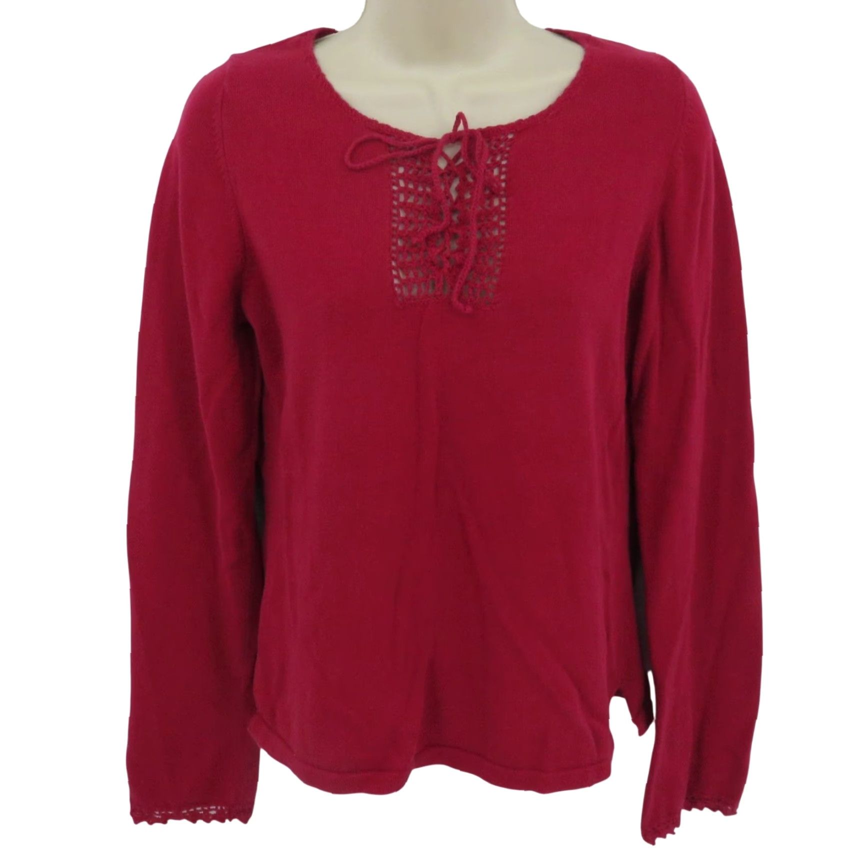 American Eagle Outfitters VINTAGE American Eagle Outfitters Women Sweater Pullover Knit Red Long Sleeve Crochet Lace Up All Cotton 2000s L Regular Fashion Size L / US 10 / IT 46 - 2 Thumbnail