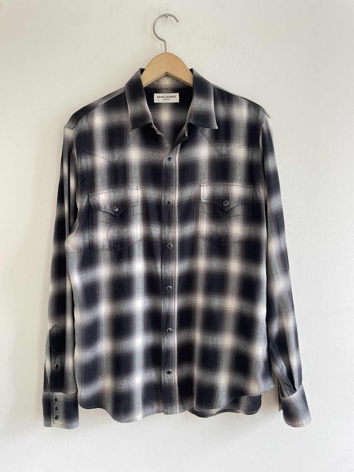 image of Saint Laurent Paris Western Black White Flannel Shirt Snap Buttons Japan Size Xl, Men's