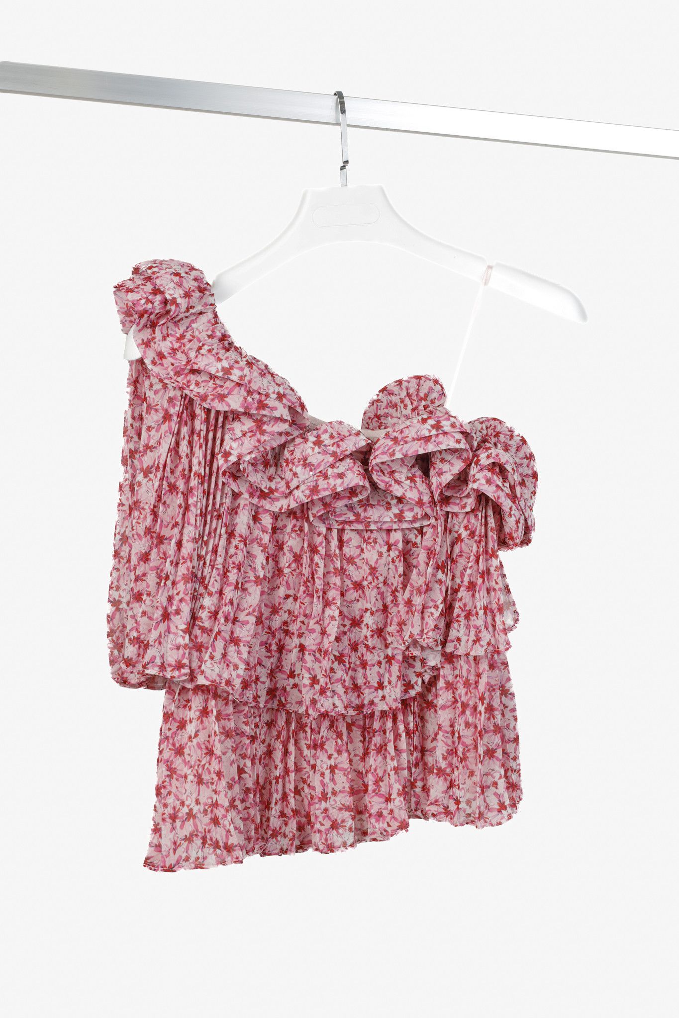 Amur Amur Portia Pink Floral Pleated Tiered One-Shoulder Top Size S / US 4 / IT 40 - 1 Thumbnail