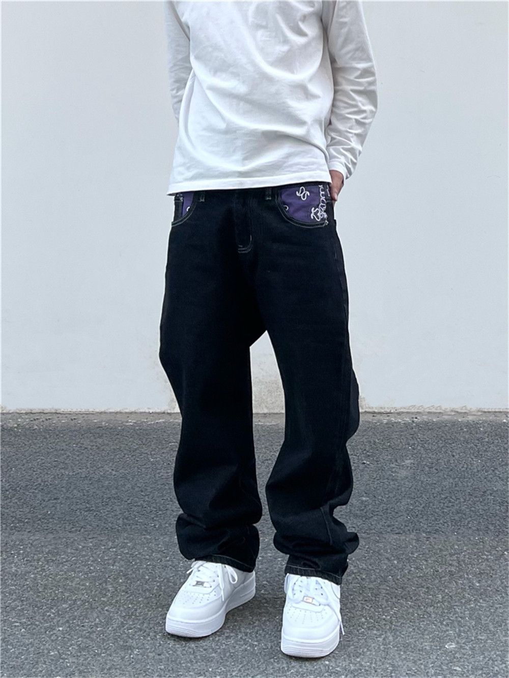 Designer × Japanese Brand × Jean Letter Print Color Block Hip Hop Loose Jeans Size US 36 / EU 52 - 6 Thumbnail