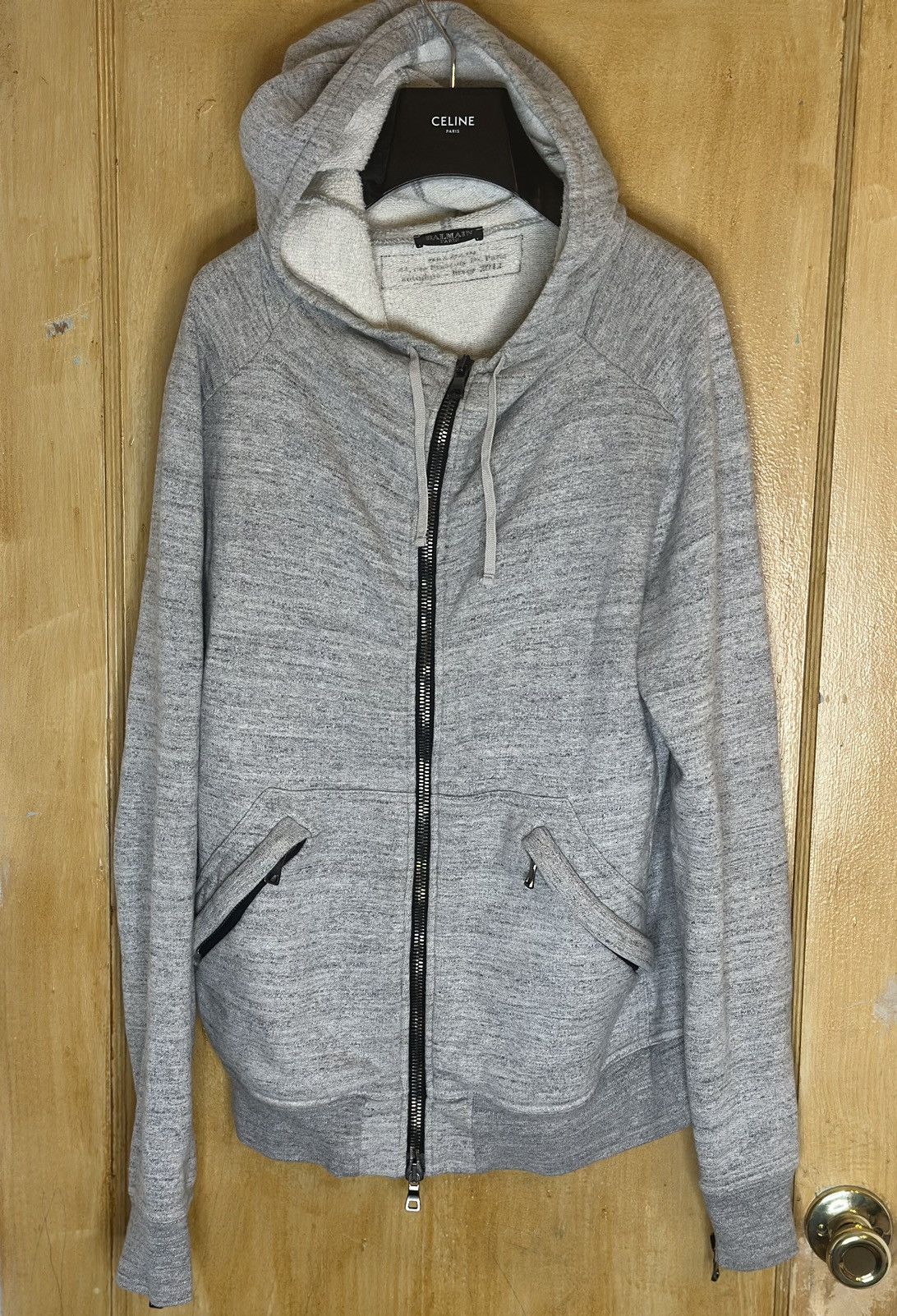 image of Balmain 2012 Decarnin Grey Biker Zip Hoodie in Brown, Men's (Size Small)