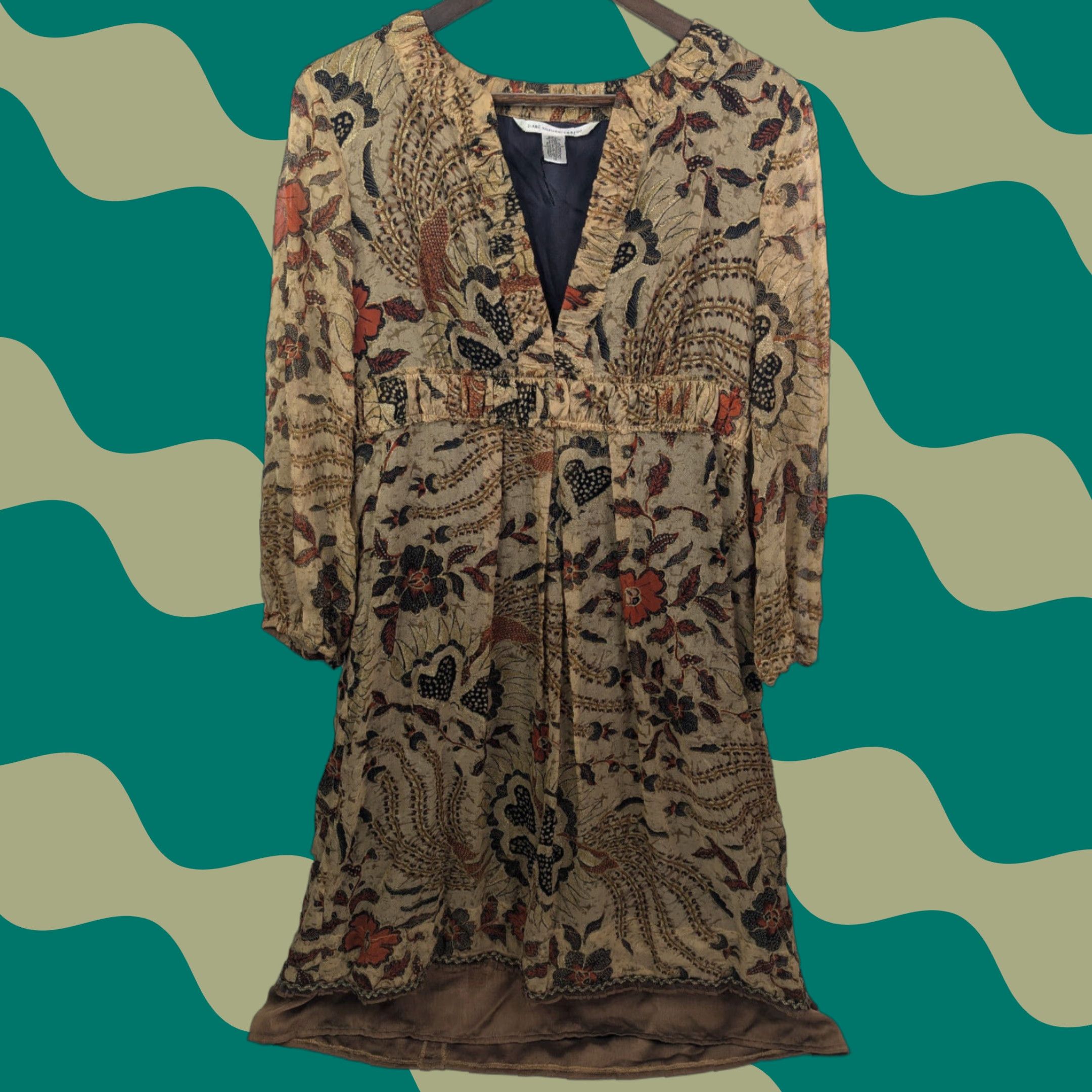 Diane von Furstenberg Diane von Furstenberg Dress Knee Length Silk Floral Gold Brown V-Neck Long Sleeve Size 10 Women Size L / US 10 / IT 46 - 1 Thumbnail