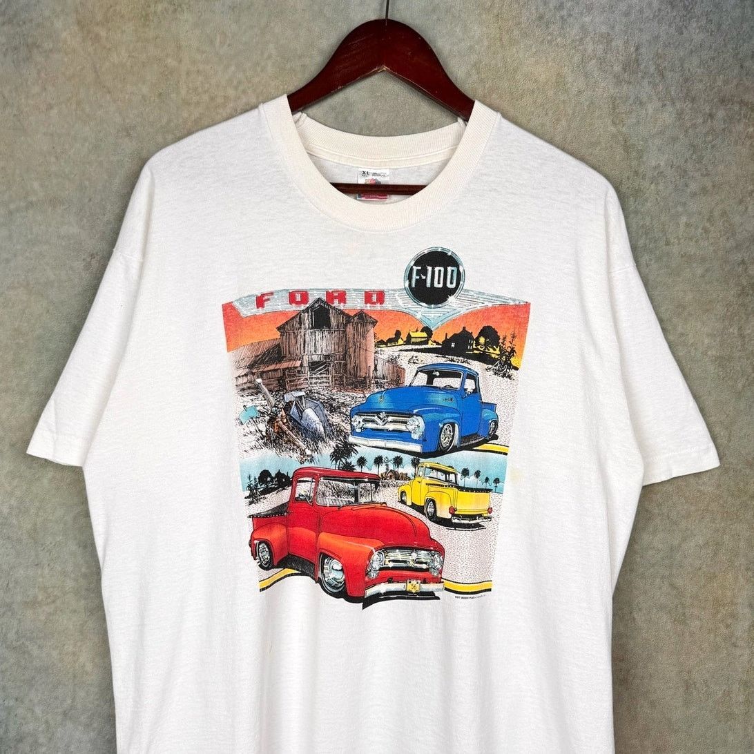 Ford × Fruit Of The Loom × Vintage VTG 90s Ford F-100 Truck T Shirt Sz XL White Retro Cars Size US XL / EU 56 / 4 - 1 Thumbnail