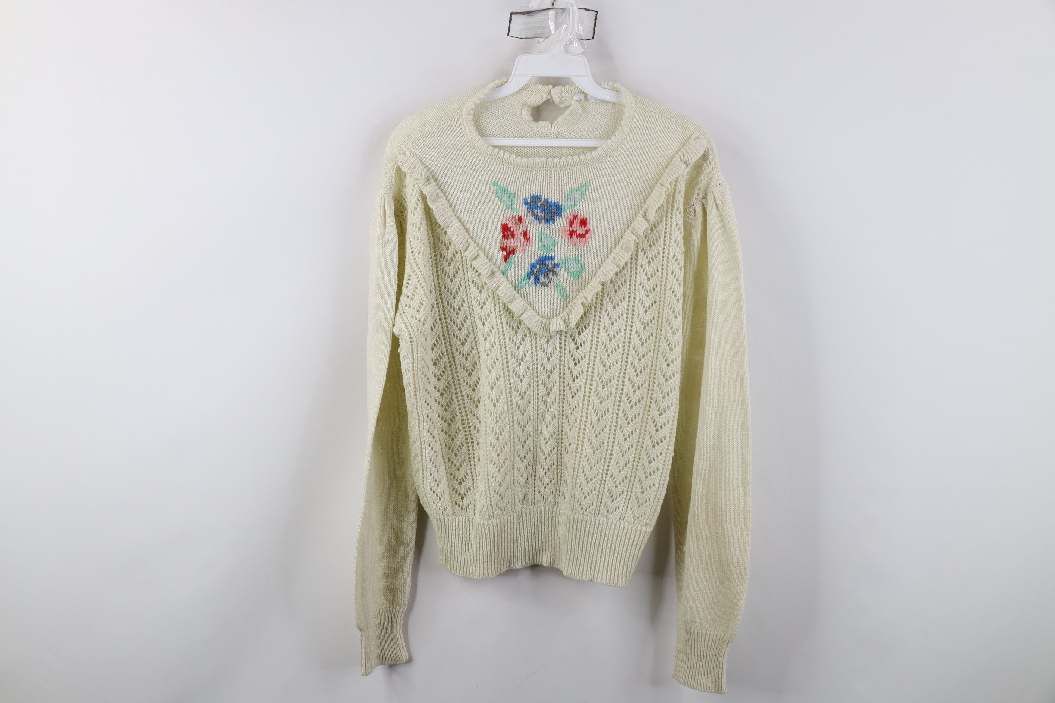 Vintage Vintage 70s Streetwear Crochet Needlepoint Flower Sweater Size L / US 10 / IT 46 - 1 Thumbnail