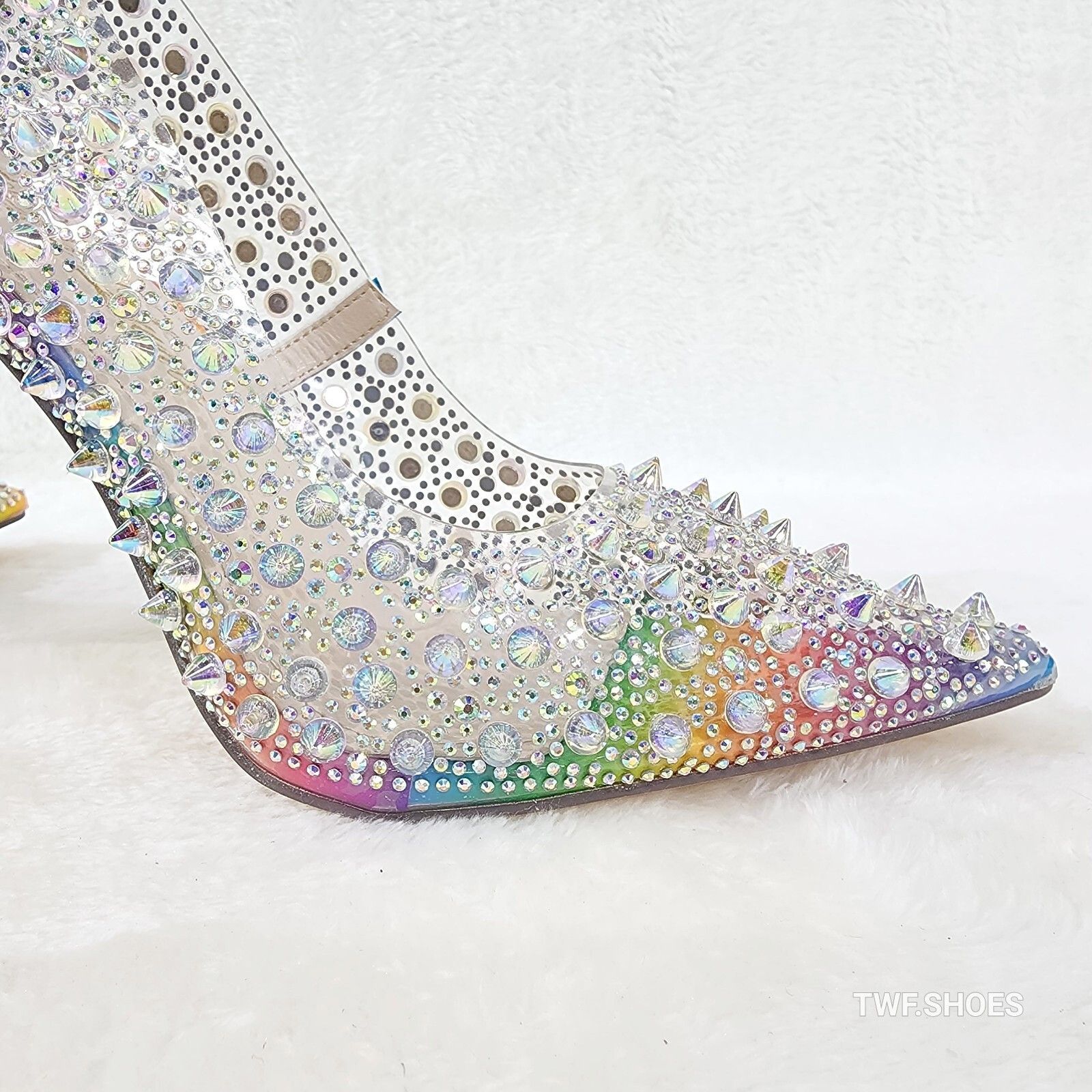 Spicy Stiletto PVC Clear Pumps Rainbow Studs & Rhinestone Pu