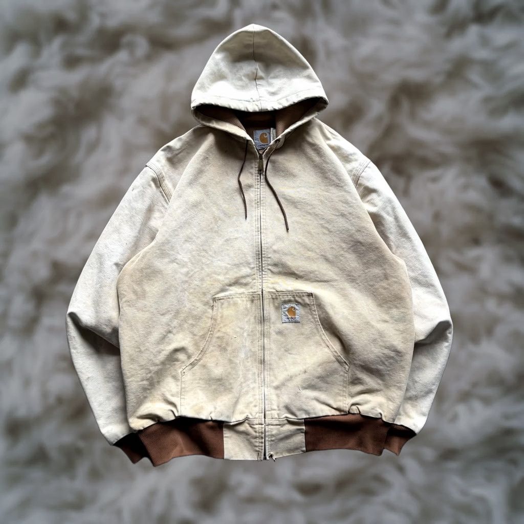 Carhartt VINTAGE Carhartt Jacket Mens Large Beige Duck Canvas Hooded Bomber Zip Front Workwear Insulated Lined Pockets Size US L / EU 52-54 / 3 - 1 Thumbnail
