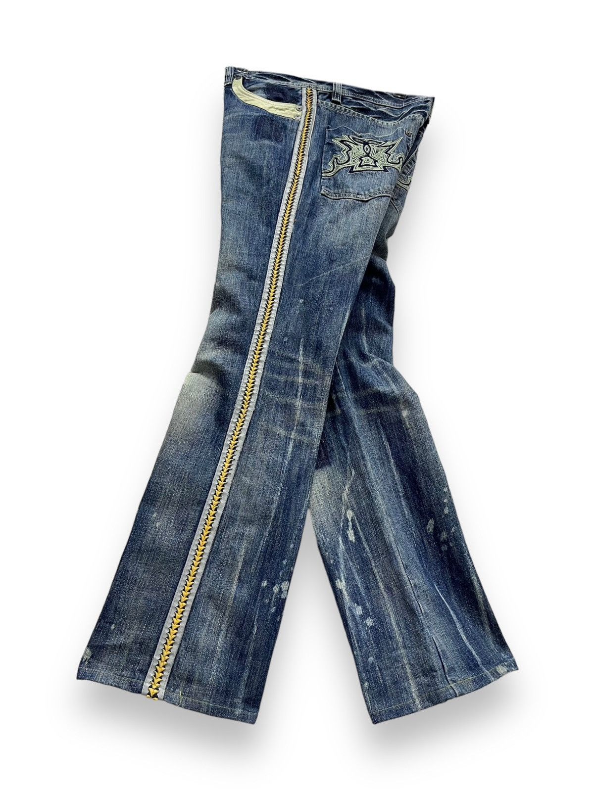 image of Punk Flareparasuco Denim Legend Distressed Tribal Jeans in Blue, Men's (Size 33)