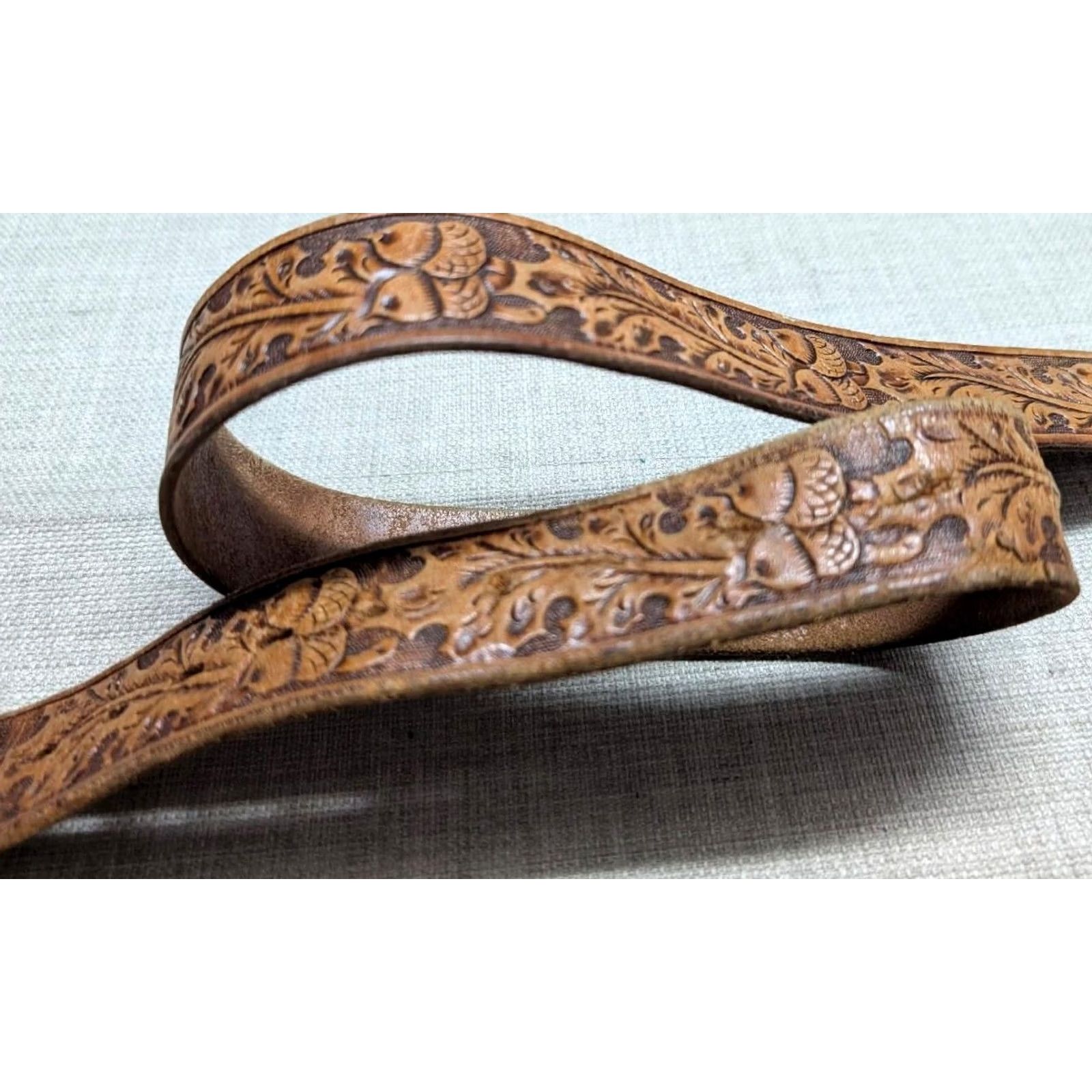 Vintage VINTAGE handcrafted browntooled COWHIDE leather WESTERN belt 38 Regular Men Buckle acorns Size 38 - 3 Thumbnail