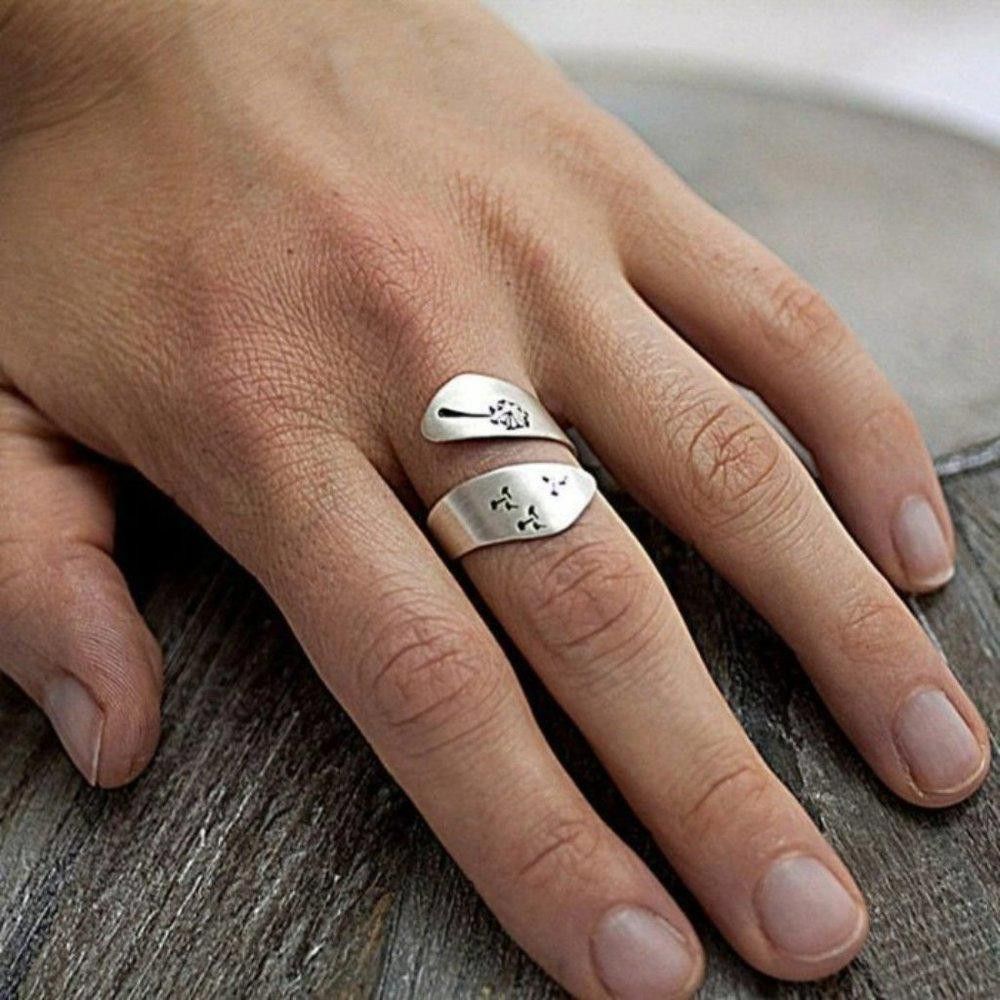 Designer Silver Carved Engraving Dandelion Open Ring Size ONE SIZE - 5 Thumbnail