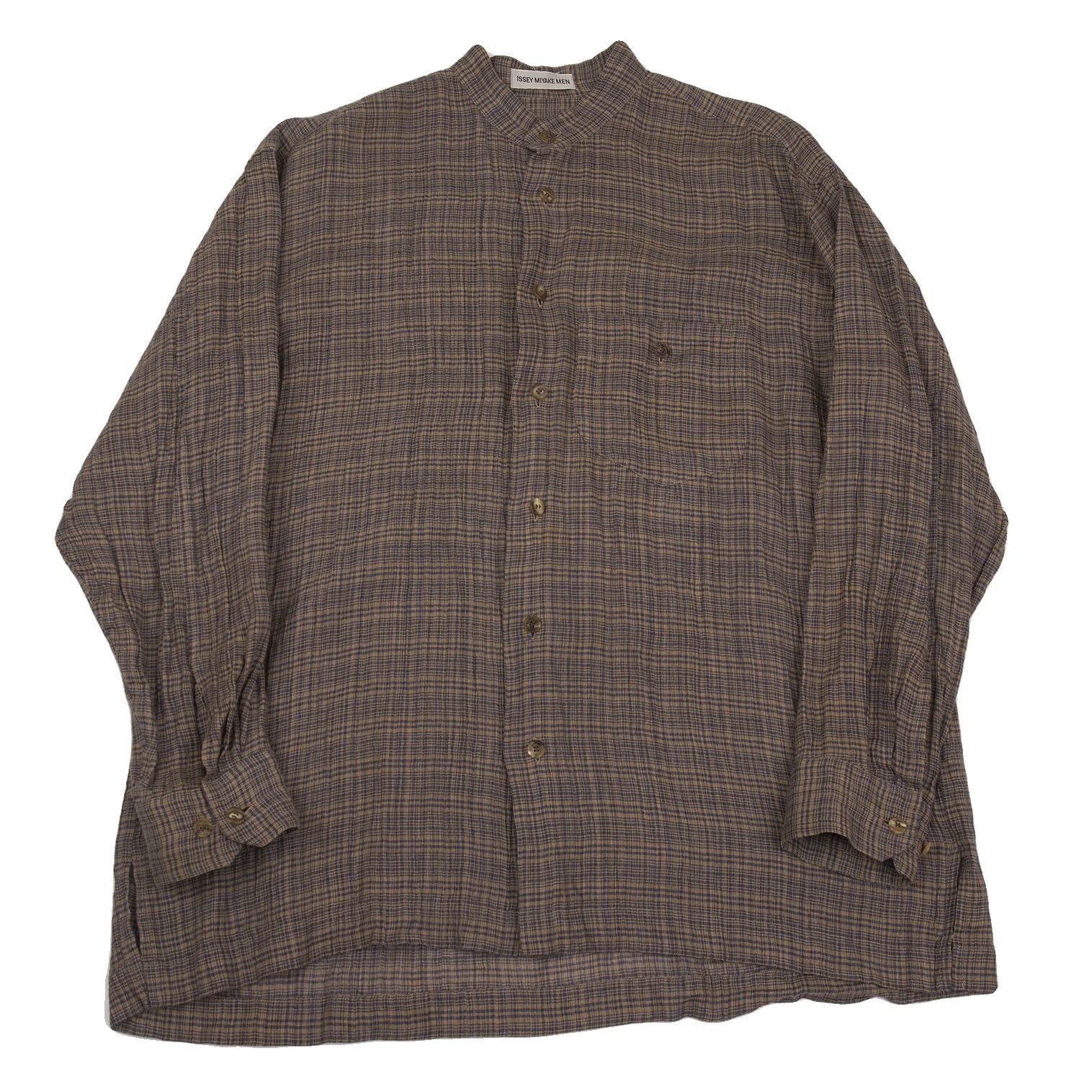 Issey Miyake Linen Check Band Collar Shirt in Beige and Blue, M Size US M / EU 48-50 / 2 - 1 Thumbnail