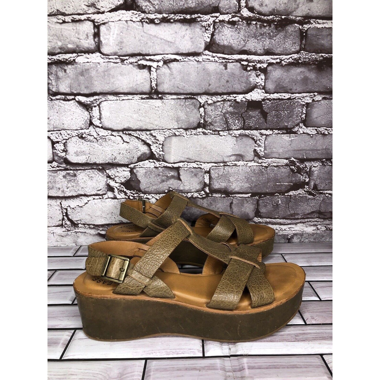 Other Kork-Ease Olive Green Leather Platform Wedge Ankle Strap San Size US 6 / IT 36 - 20 Thumbnail