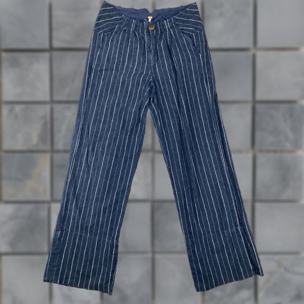Free People Free People Pants Womens Navy Striped Wide-Leg Linen Cotton Boho Pleated Size 2 Size 26" / US 2 / IT 38 - 1 Thumbnail
