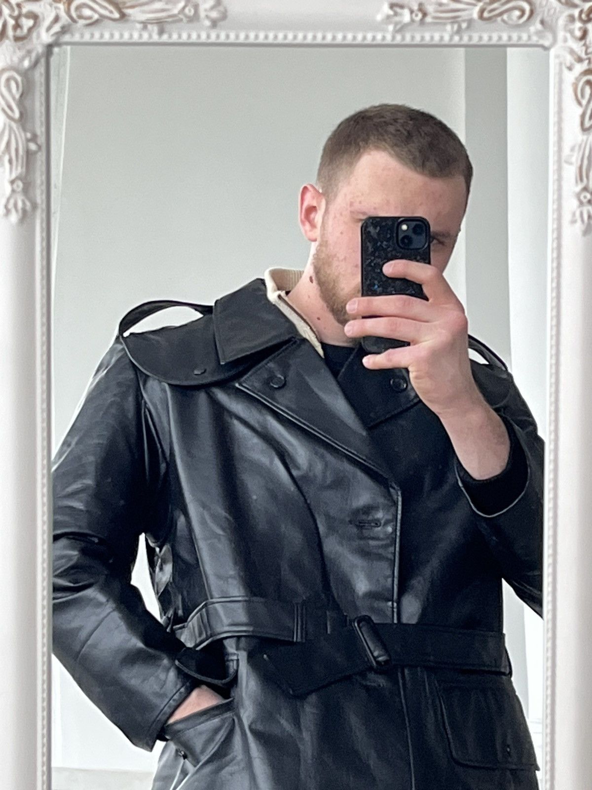 Genuine Leather Vintage Black Faux Leather Trench Coat Gothic Military Style Size US L / EU 52-54 / 3 - 4 Thumbnail