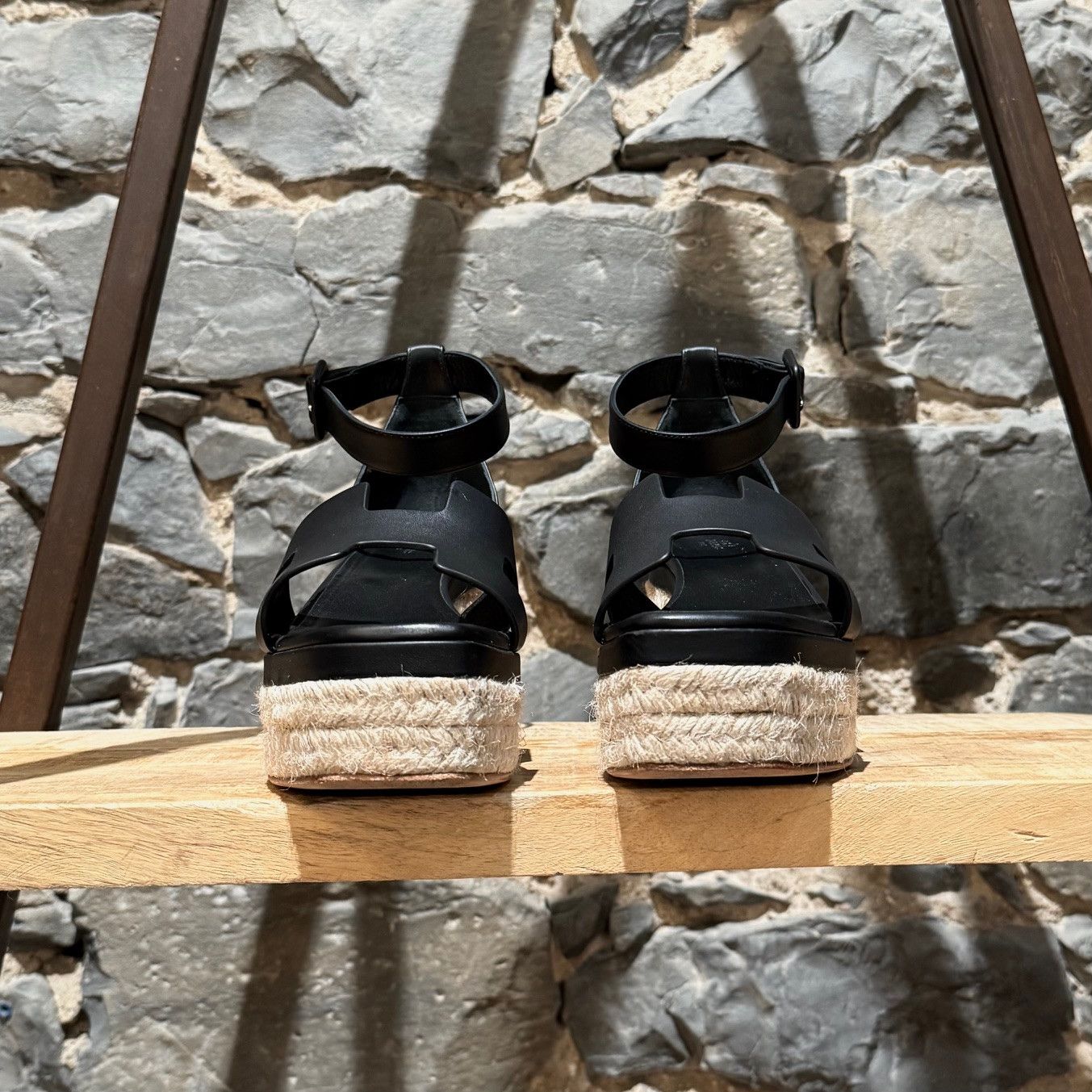 Hermes Hermès Black Leather Elda Wedges Espadrilles H Sandals Size US 11 / IT 41 - 4 Thumbnail