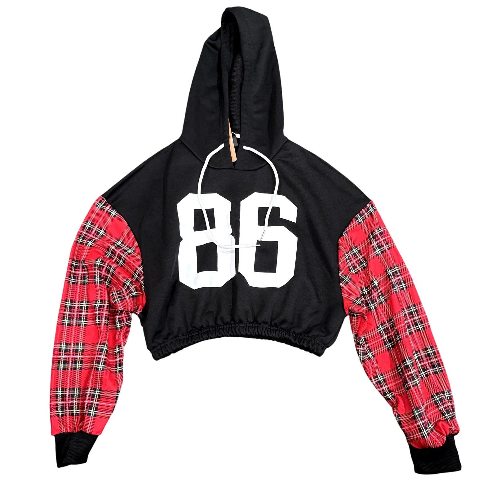 Shein Woman's Cropped Plaid/Graphic '88' Hoodie Black/Red Size M Size M / US 6-8 / IT 42-44 - 1 Thumbnail