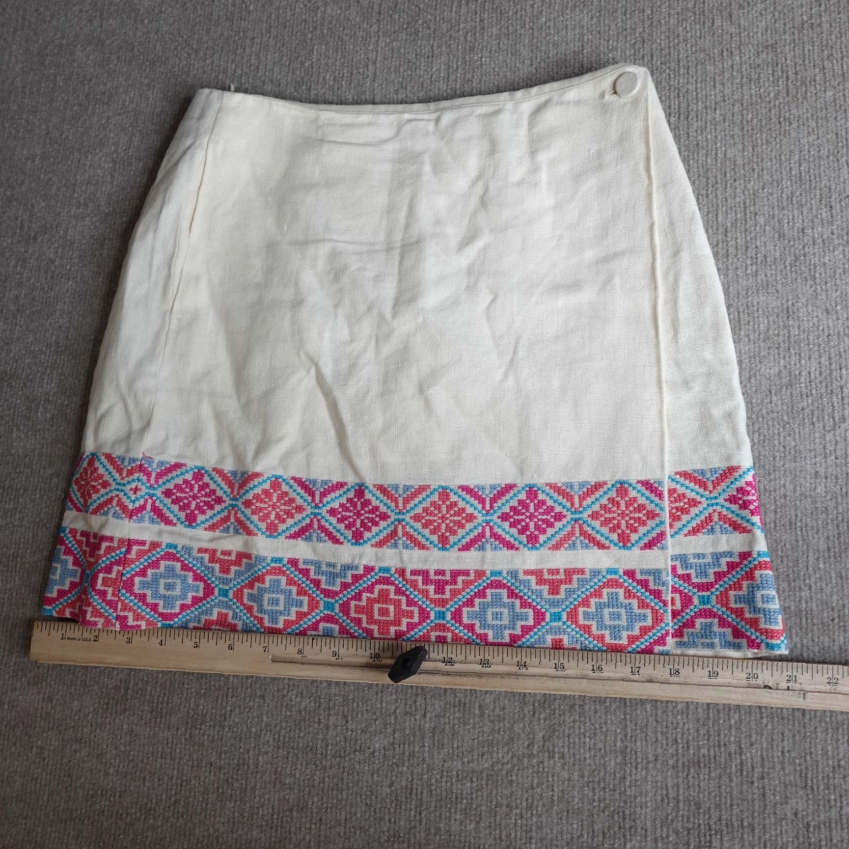 Tory Burch Skirt Womens 4 Ivory Linen Embroidered Faux Wrap Short Pockets 100% Linen
